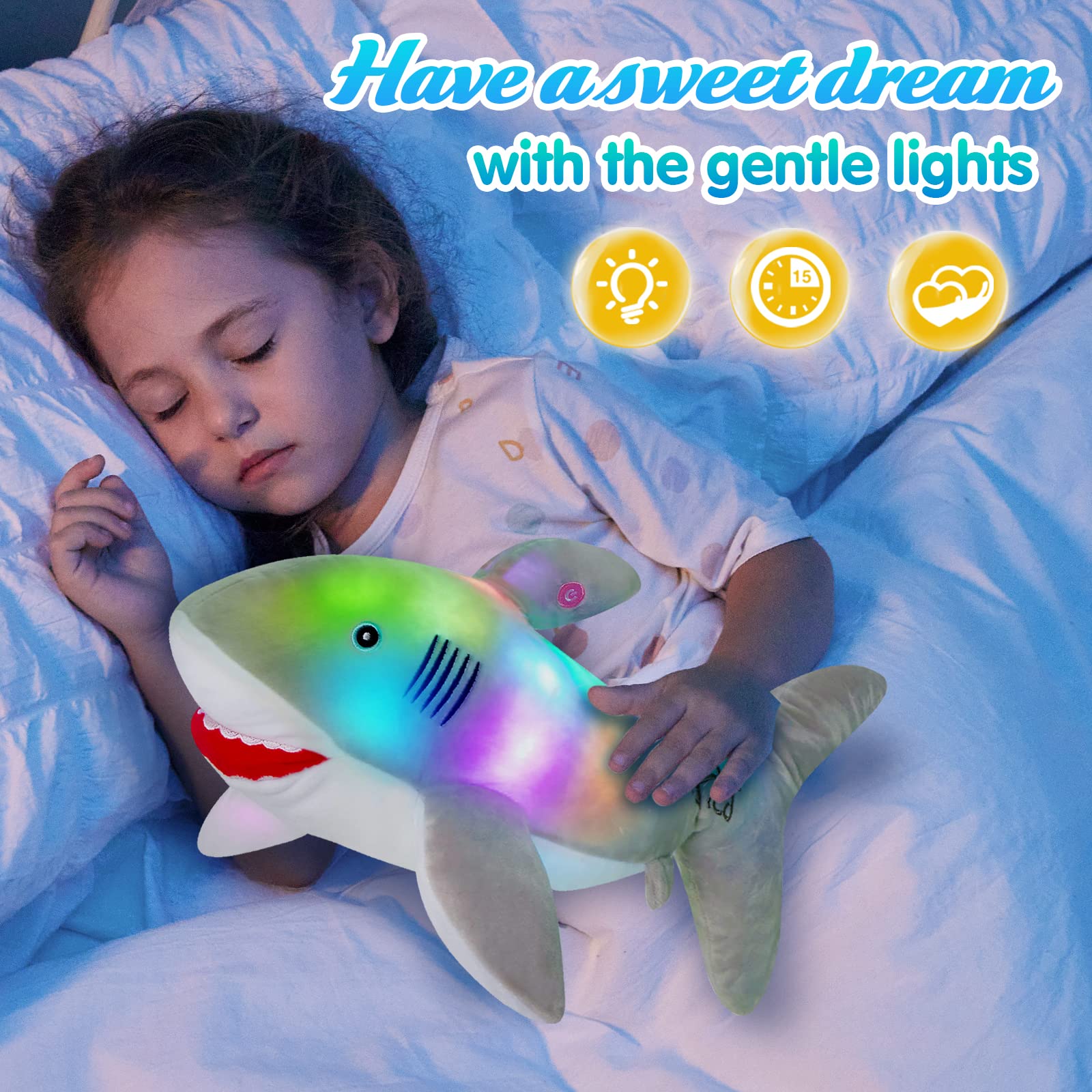 BSTAOFY 20'' Glowing Shark Plush Toy - LED Light Up Stuffed Animal, Soft Ocean Creature Night Light for Kids (Gray) | Perfect for Bedroom Decor, Birthday Gifts & Christmas Presents
