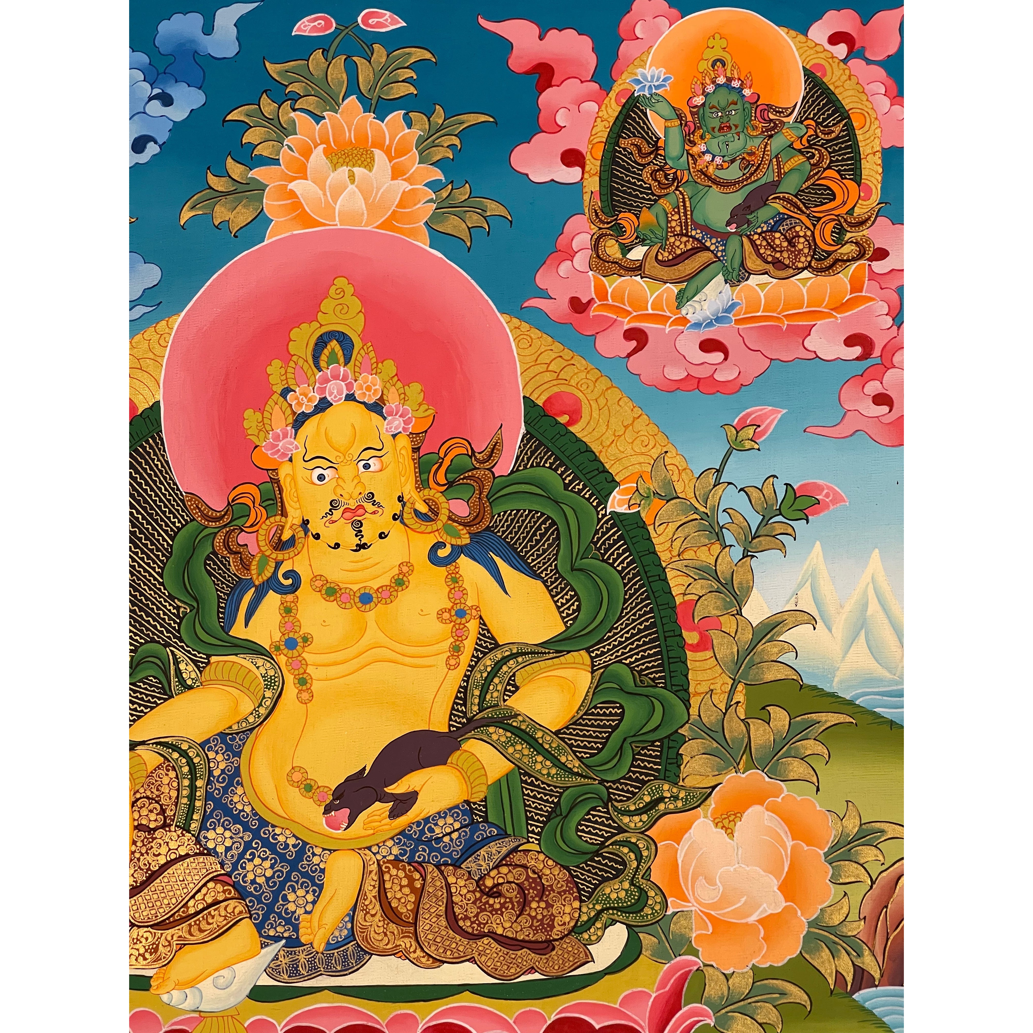Authentic Tibetan Thangka Painting of Jambhala - Handmade Buddhist Art for Home Altar & Meditation | Perfect for Spiritual Decor & Gift Giving