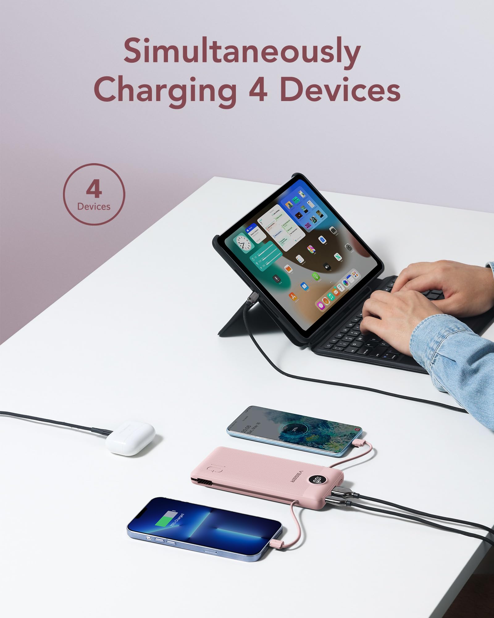 VEGER 10000mAh Portable Charger with Built-in Cables - Fast Charging USB C Power Bank for iPhone, iPad, Samsung & More | Slim Battery Pack with Wall Plug | Perfect for Travel, Camping & Emergency Power Backup (Crepe)