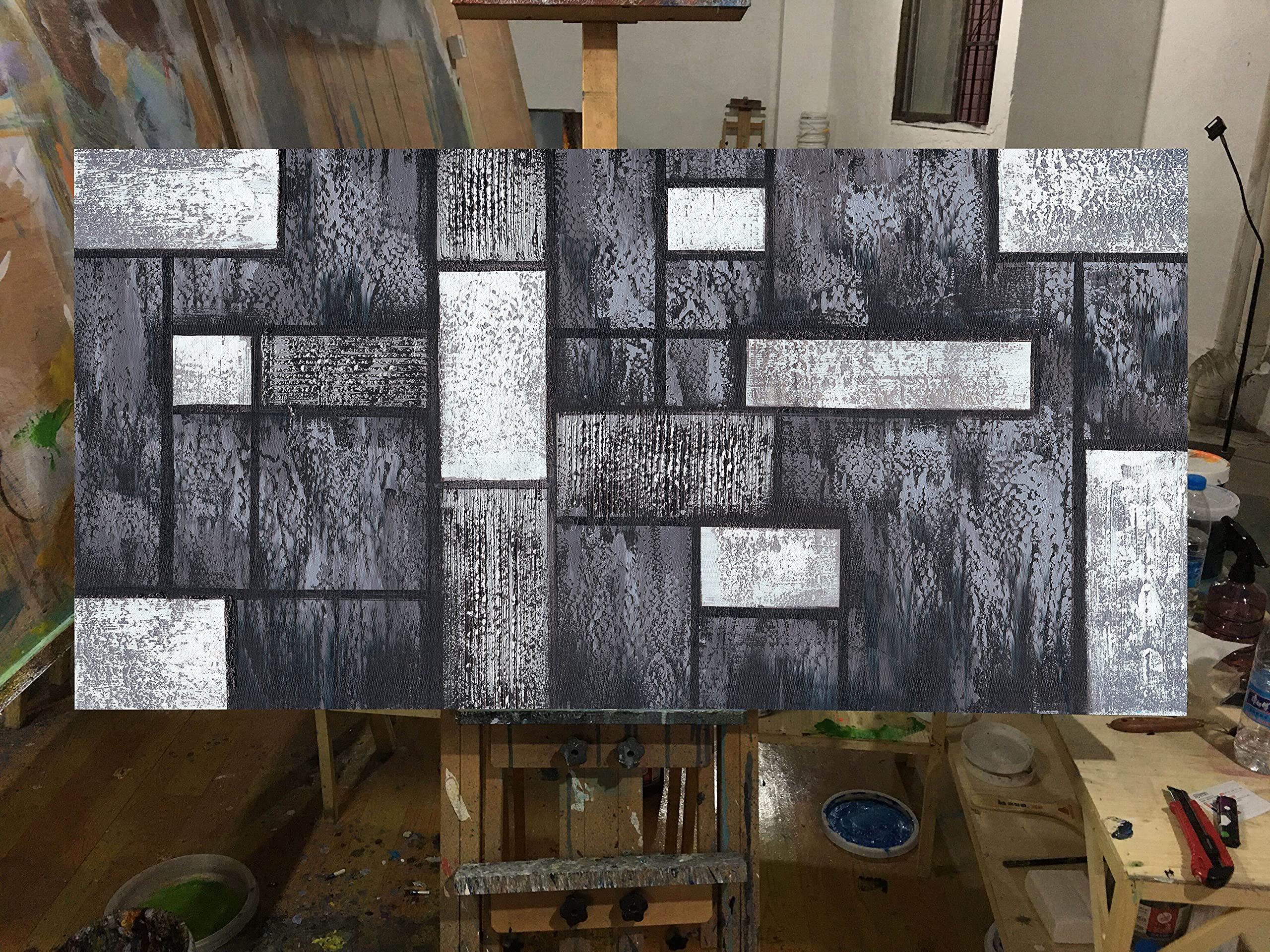 100% Hand-Painted Modern Abstract Oil Painting on Canvas - Black & White Textured Square Wall Art (60x30 Inch) Framed & Ready to Hang - Perfect for Living Room, Bedroom & Office Decor | Contemporary Home & Office Wall Decor