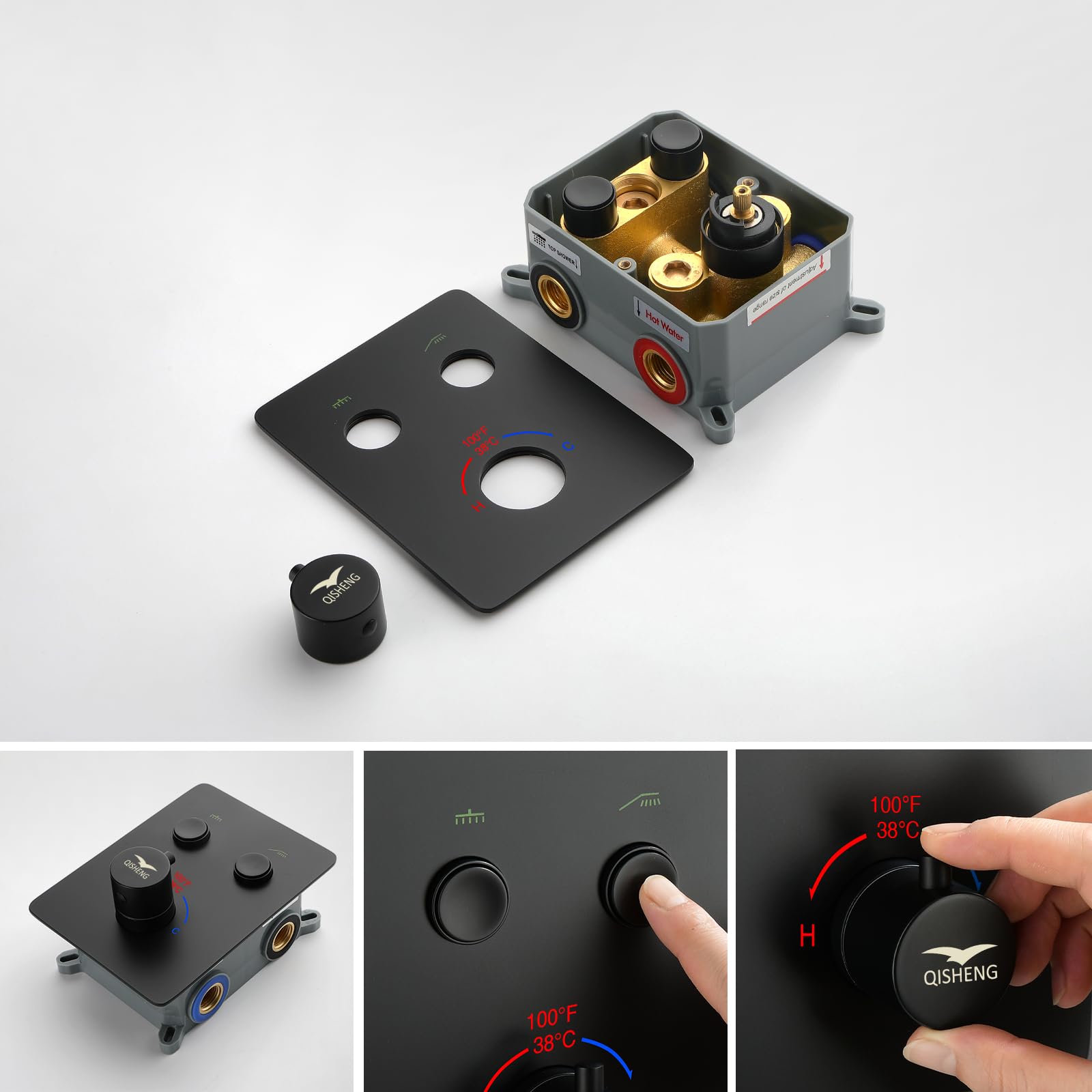 QISHENG Thermostatic Shower Diverter Valve - 2 Way Push Button Shower Valve Kit, Black Wall Mounted Bathroom Fixture for Simultaneous Use | Perfect for Bathroom Renovation & Shower System Upgrade