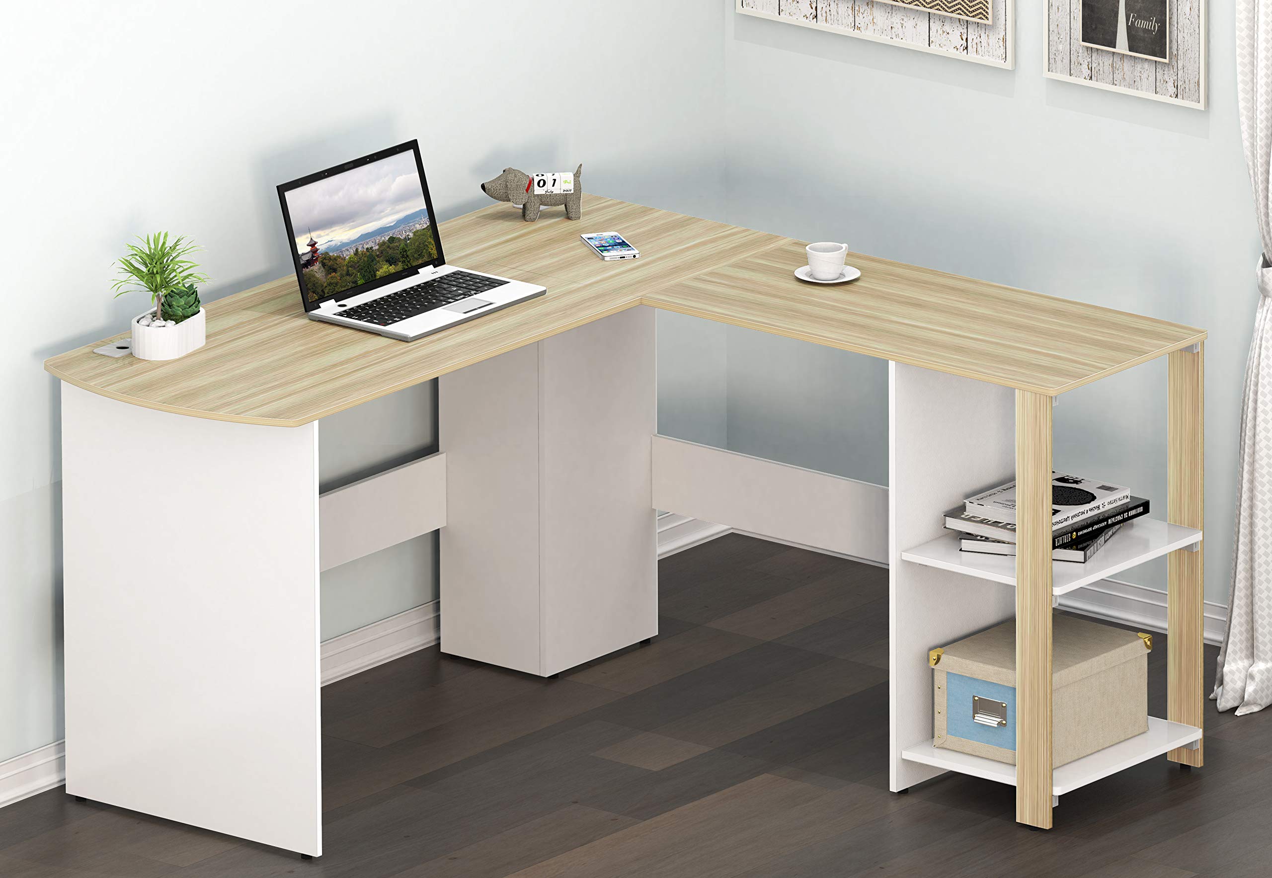 SHW L-Shaped Home Office Corner Desk with Solid Wood Top - Oak Finish for Small Spaces | Perfect for Remote Work, Gaming & Study Setup