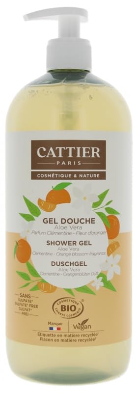 Organic Aloe Vera & Clementine Orange Blossom Shower Gel - 1L Moisturizing Body Wash for Dry Skin - Refreshing Citrus Scent for Morning Shower & Spa Relaxation
