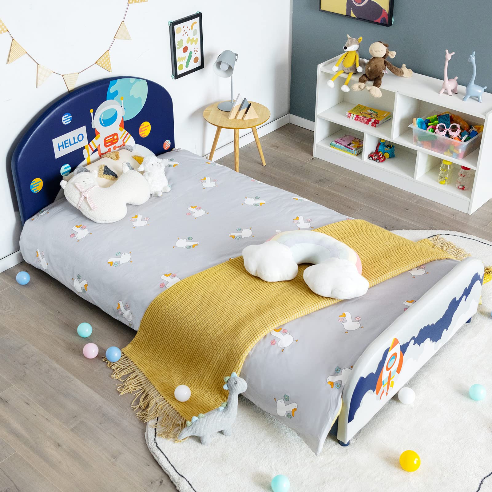 Costzon Twin Bed Frame for Kids - Wooden Upholstered Platform Bed with Slat Support | Padded Headboard & Footboard | No Box Spring Needed | Easy Assembly | Fits Standard Twin Mattress | Astronaut Theme | Perfect for Kids' Bedrooms, Dorm Rooms & Space-Themed Decor