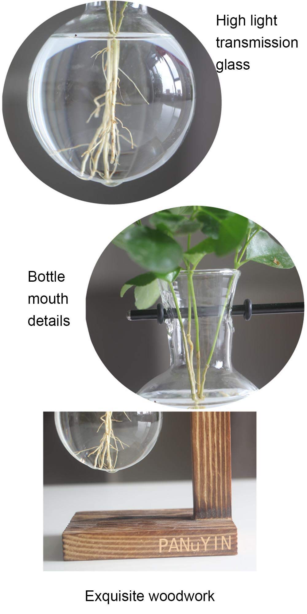 Modern Double Balls Glass Desk Vase - Hydroponic Plant Terrarium Container with Wooden Stand (Double Side Ladder) - Perfect for Office Decor, Home Plant Display & Gift Ideas