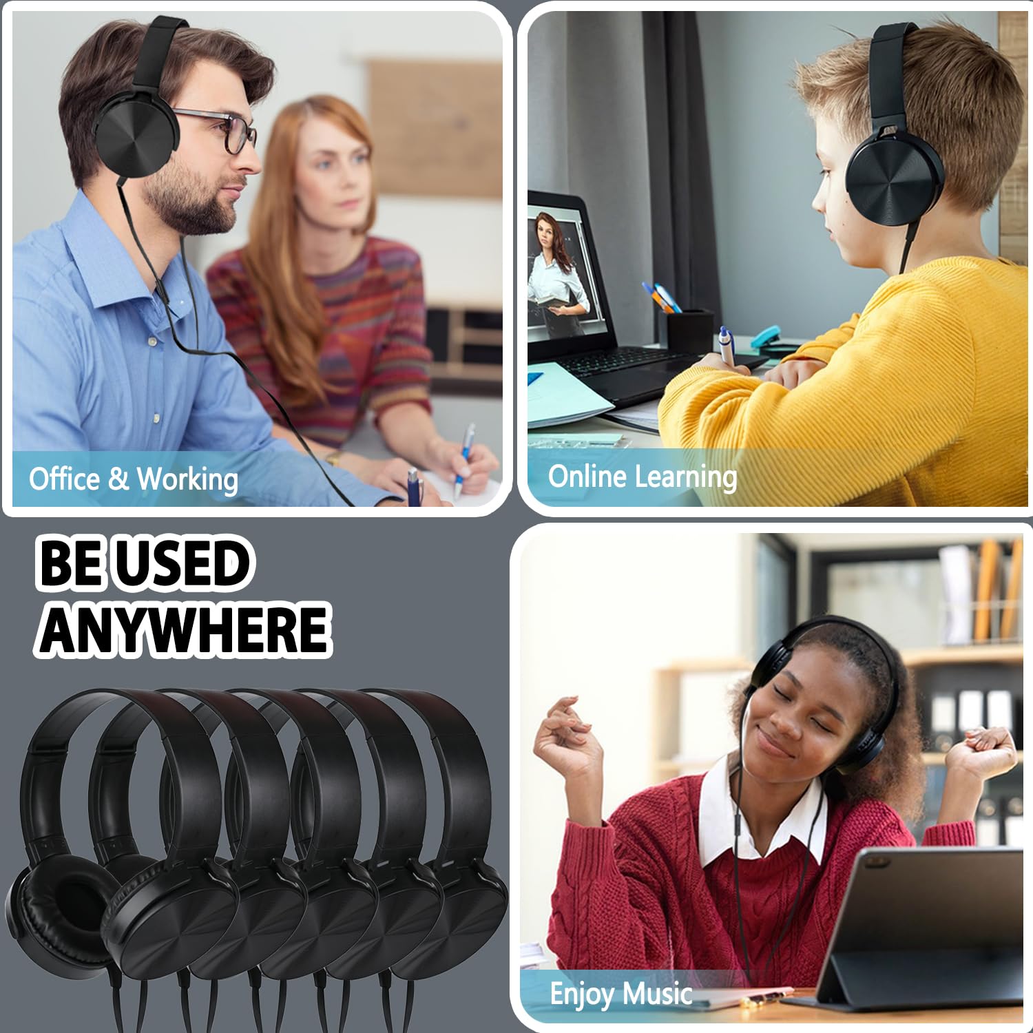 24 Pack Bulk Classroom Headphones with Microphone - Durable Wired Headsets for Kids, Students & Adults - School, Online Learning, Computer Lab & Home Use (Black, 24 Pack)