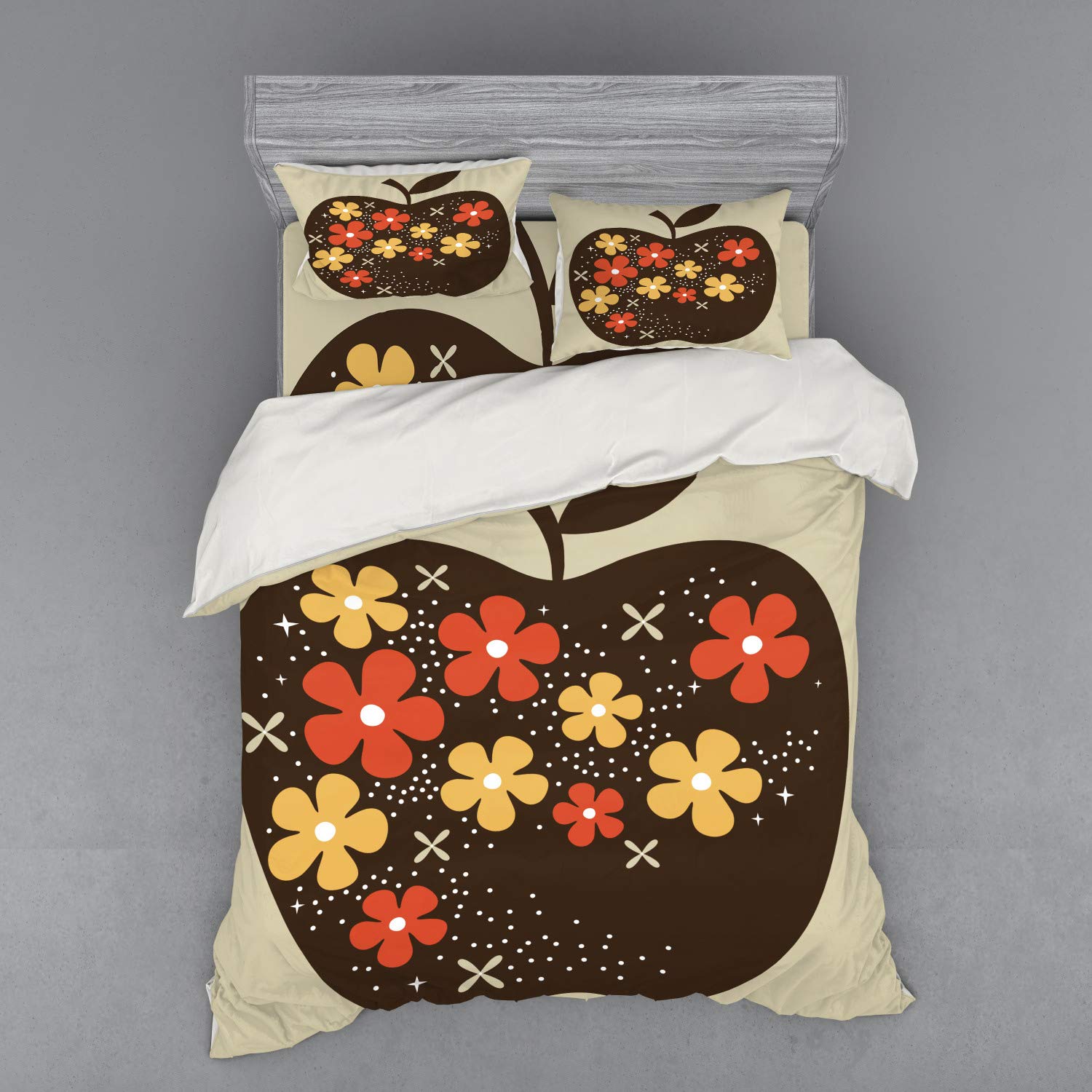 Ambesonne Modern 4-Piece Queen Bedding Set - Wooden Apple with Floral Design Duvet Cover, Shams & Fitted Sheet in Marigold, Dark Brown & Orange | Perfect for Contemporary Bedrooms & Guest Rooms