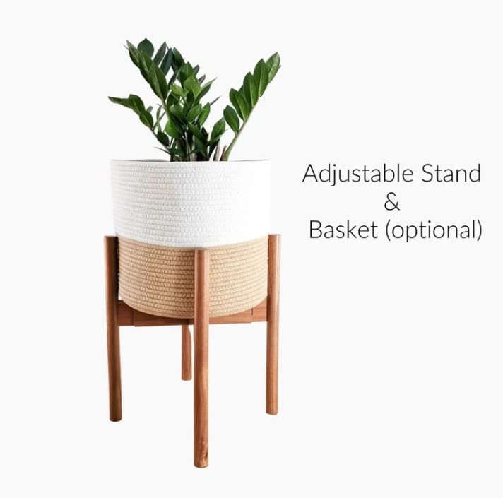 Adjustable Acacia Wood Plant Stand with Rope Basket - EU50-6063 - Perfect for Indoor Plants, Balcony Decor & Garden Organization