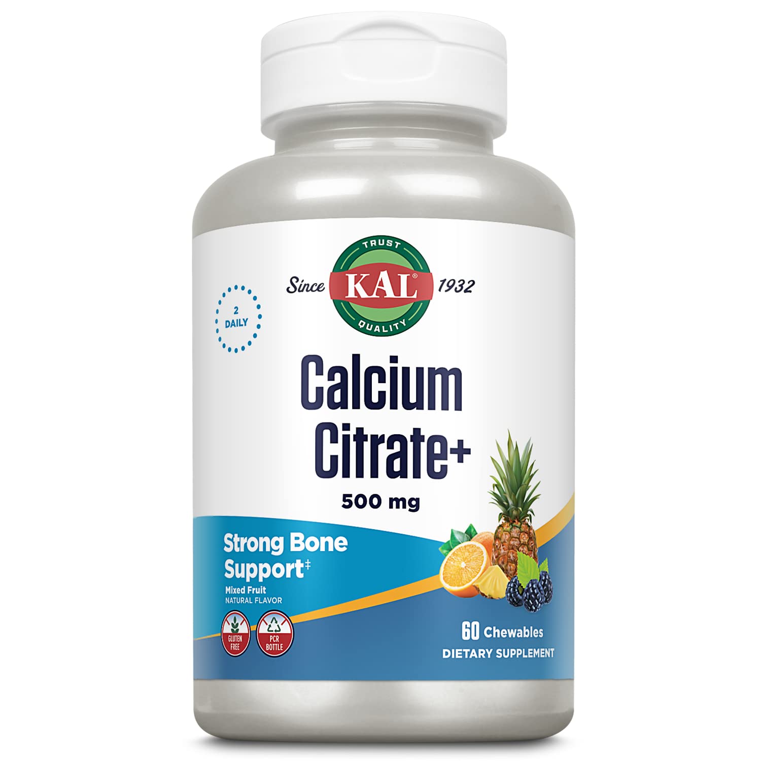 KAL Calcium Citrate Chewable Tablets - Mixed Fruit Flavor - 60 Count - Supports Bone Health & Teeth Strength - Perfect for Active Lifestyles & Daily Nutrition