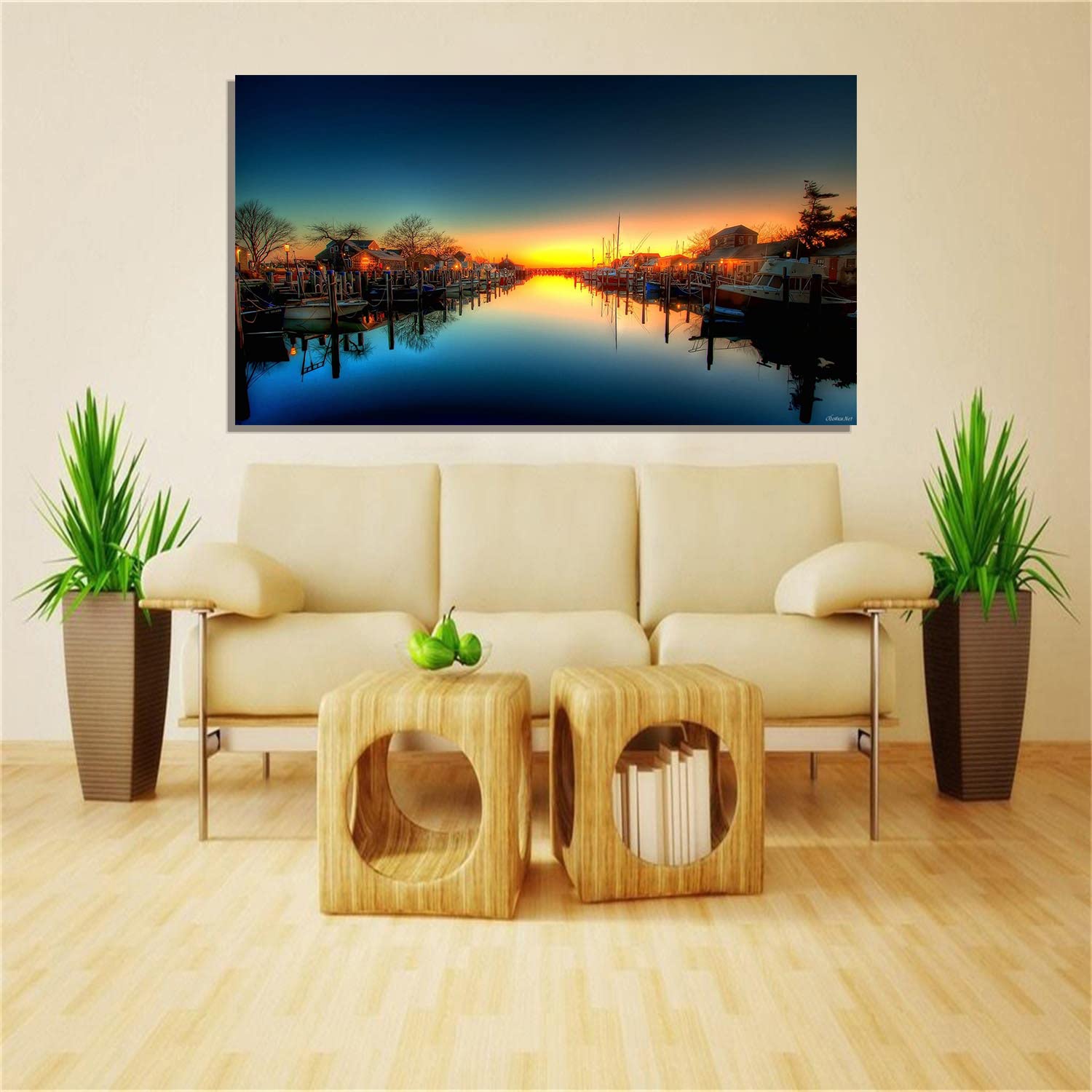 Marina Sunset Canvas Art - Framed Landscape Wall Painting for Home, Office & Bedroom Decor - Ready to Hang - Perfect for Coastal & Modern Interior Design