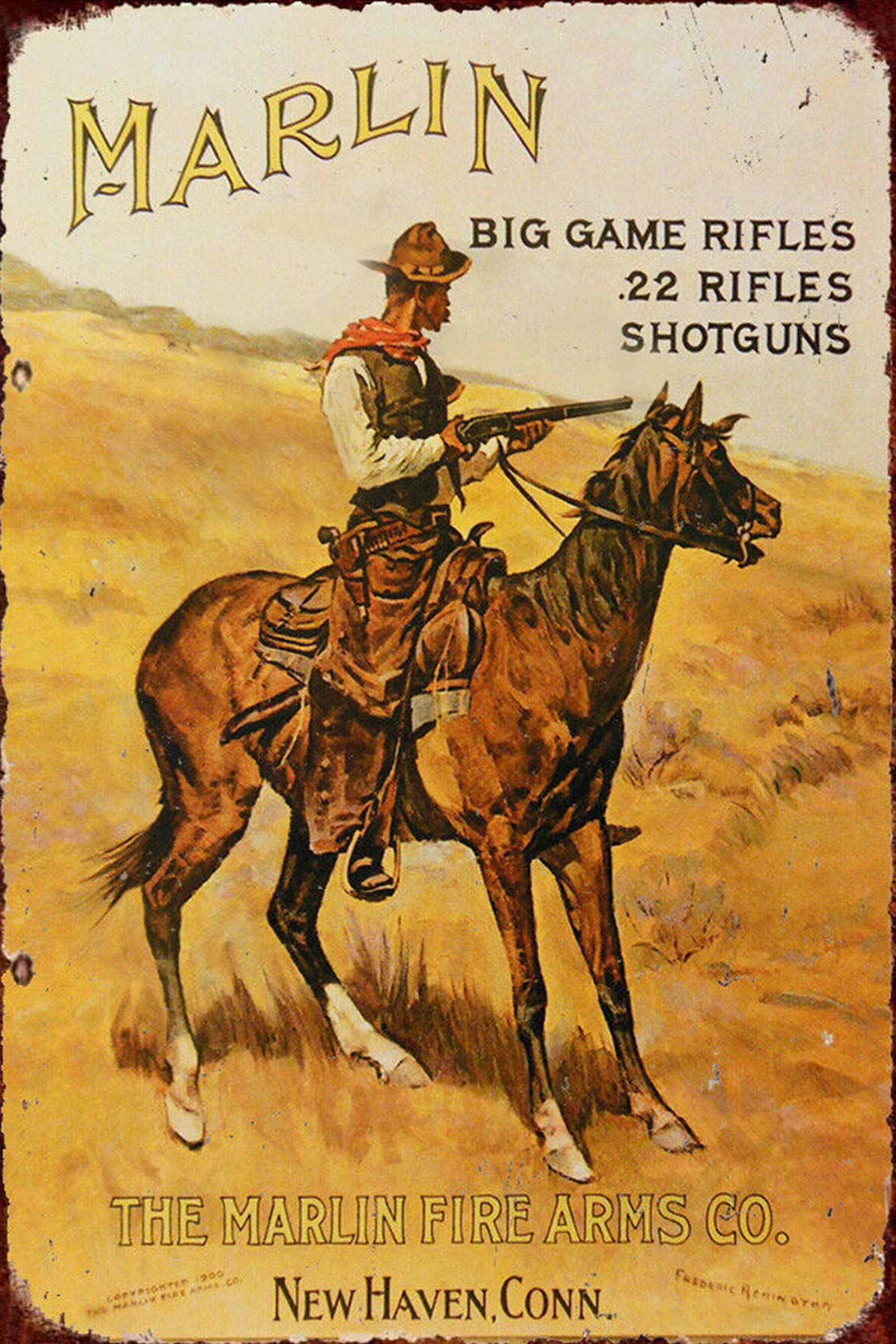 Vintage Metal Wall Sign - Marlin Firearms Western Cowboy Tin Decor for Home, Garage, Bar & Coffee Shop - 12x16 Inch Retro Style - Perfect for Man Cave, Hunting Lodge & Western Themed Rooms