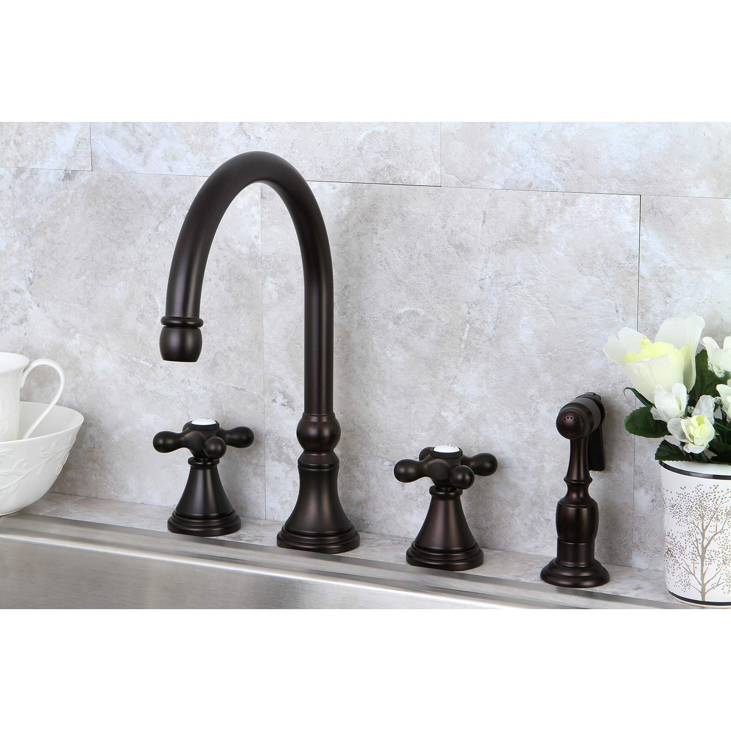 Kingston Brass KS2795AXBS Governor 8-1/4-Inch Deck Mount Kitchen Faucet with Brass Sprayer in Oil Rubbed Bronze - Perfect for Modern Farmhouse & Industrial Style Kitchens