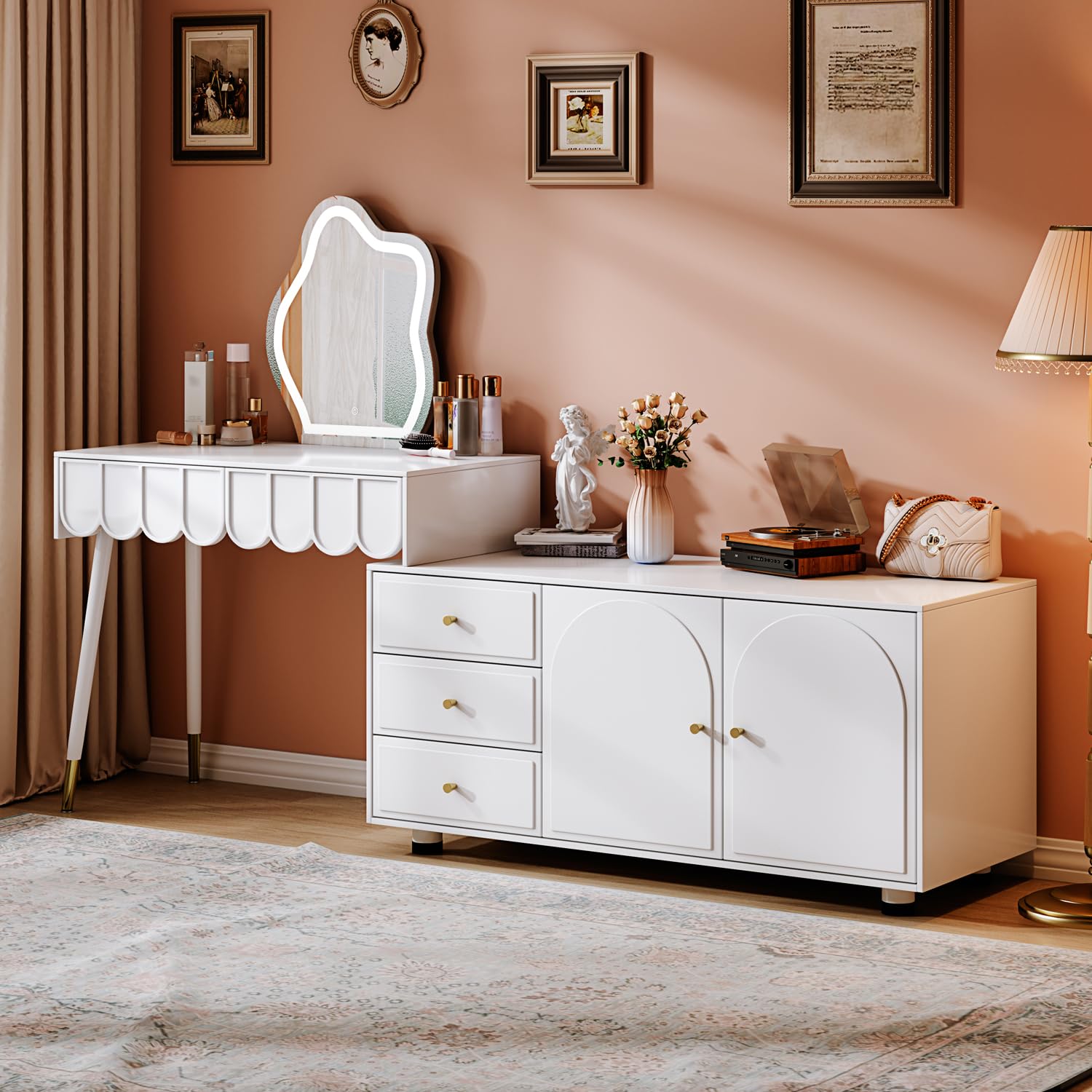 Modern Vanity Desk with LED Lights Mirror & 5 Spacious Drawers - Retractable Makeup Table with Cabinet & 3-Section Silent Drawer Slides - Elegant White Dressing Table for Women & Girls - Perfect for Bedroom, Home Office & Gift Giving