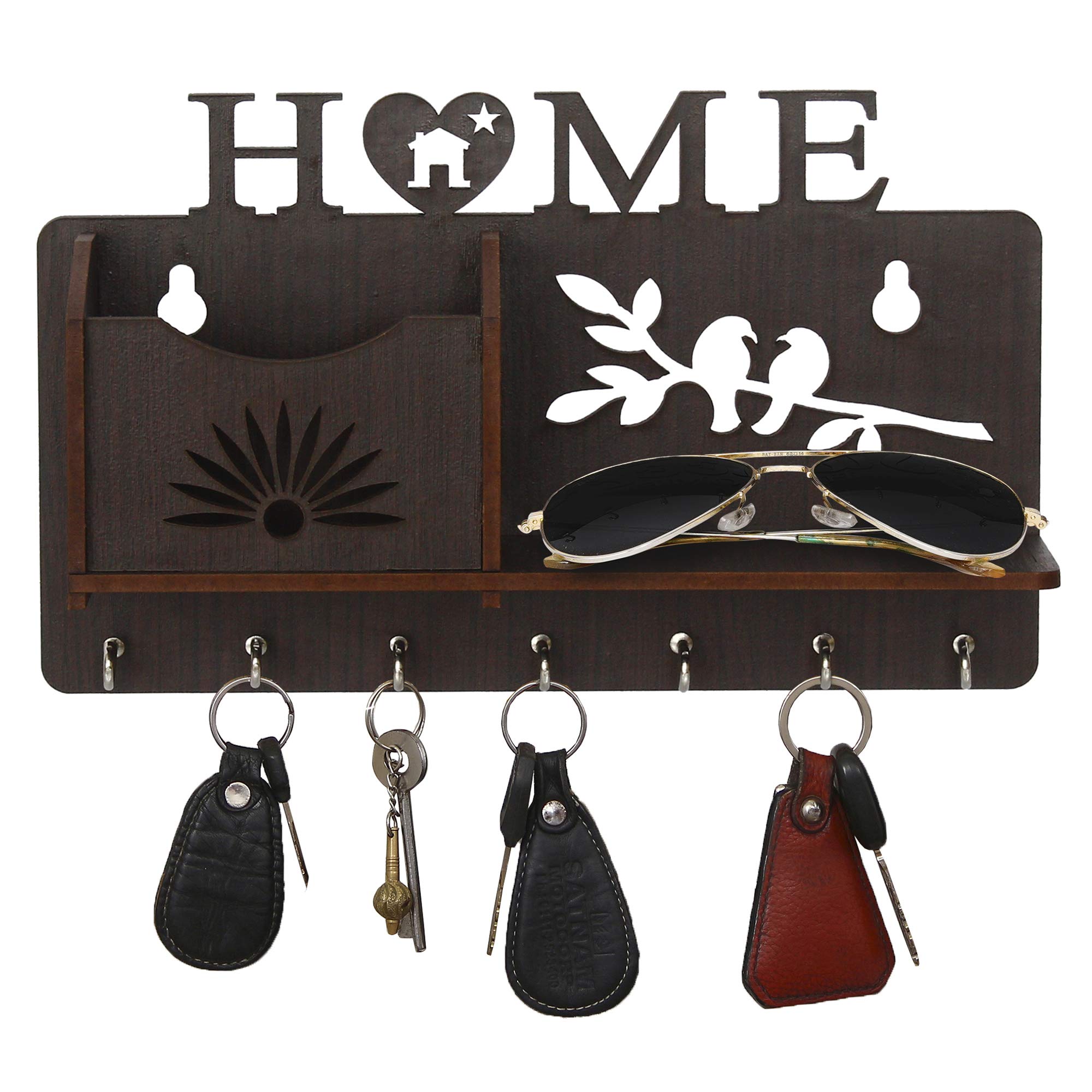 CAPIO ART Wooden Key Holder Wall Mount with 7 Hooks - Stylish Home & Office Key Organizer with Self Storage - Decorative Brown Wood Wall Hanger for Keys, Mail, Hats & Small Accessories - Perfect for Entryway, Mudroom & Hallway Organization