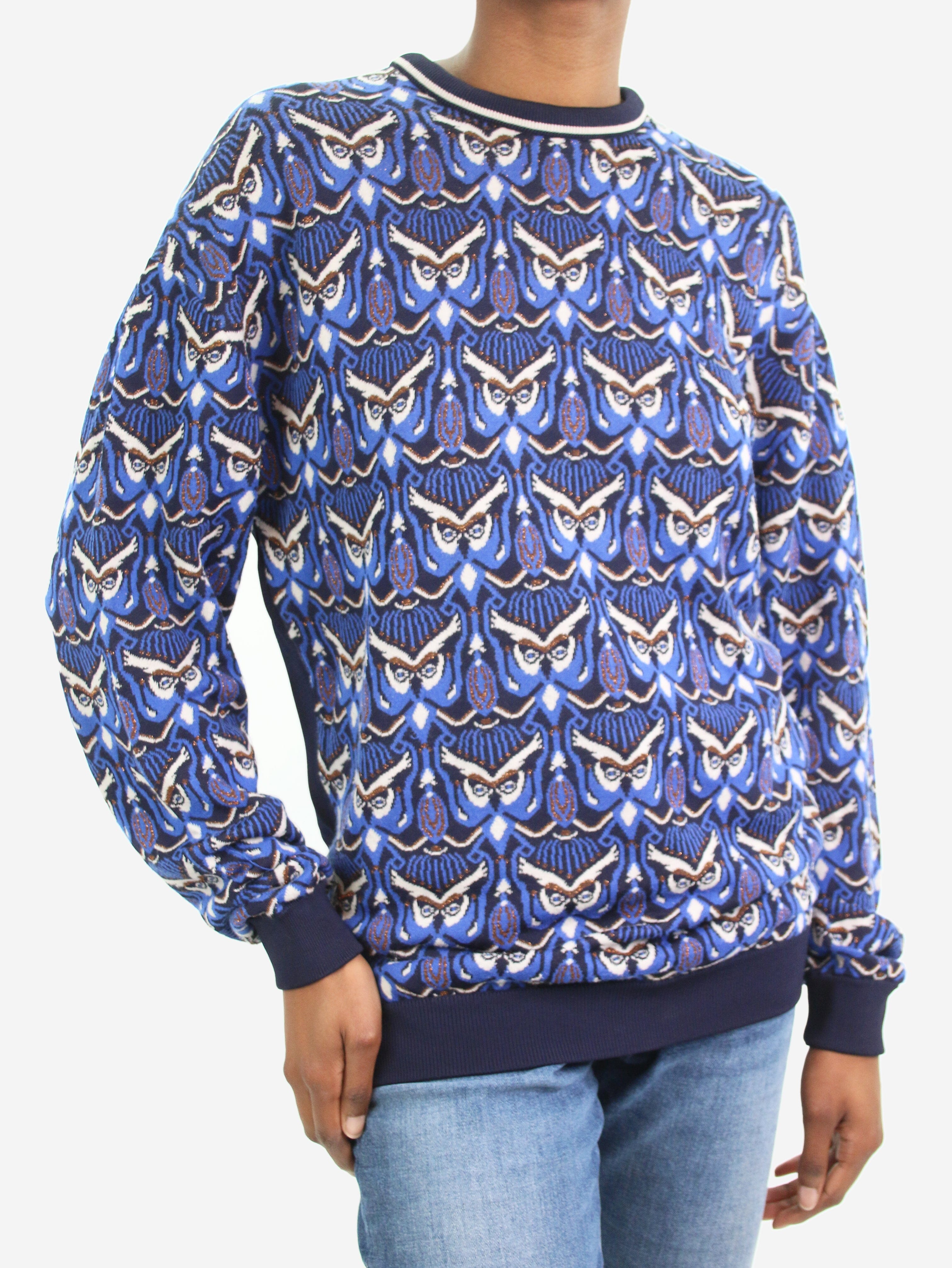 Blue Owl Print Sweater for Women - Size XS | Cozy Knit Pullover for Casual Wear & Fall Fashion