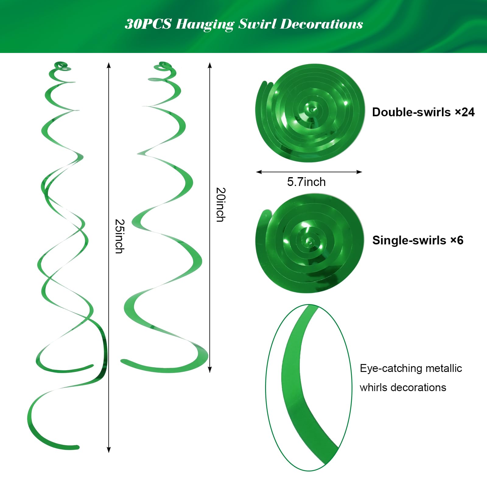 30 PCS Green Metallic Foil Party Swirl Decorations - Double & Single Swirl Hanging Streamers for Ceiling - Perfect for Birthday, Wedding, Baby Shower & Holiday Party Decorations