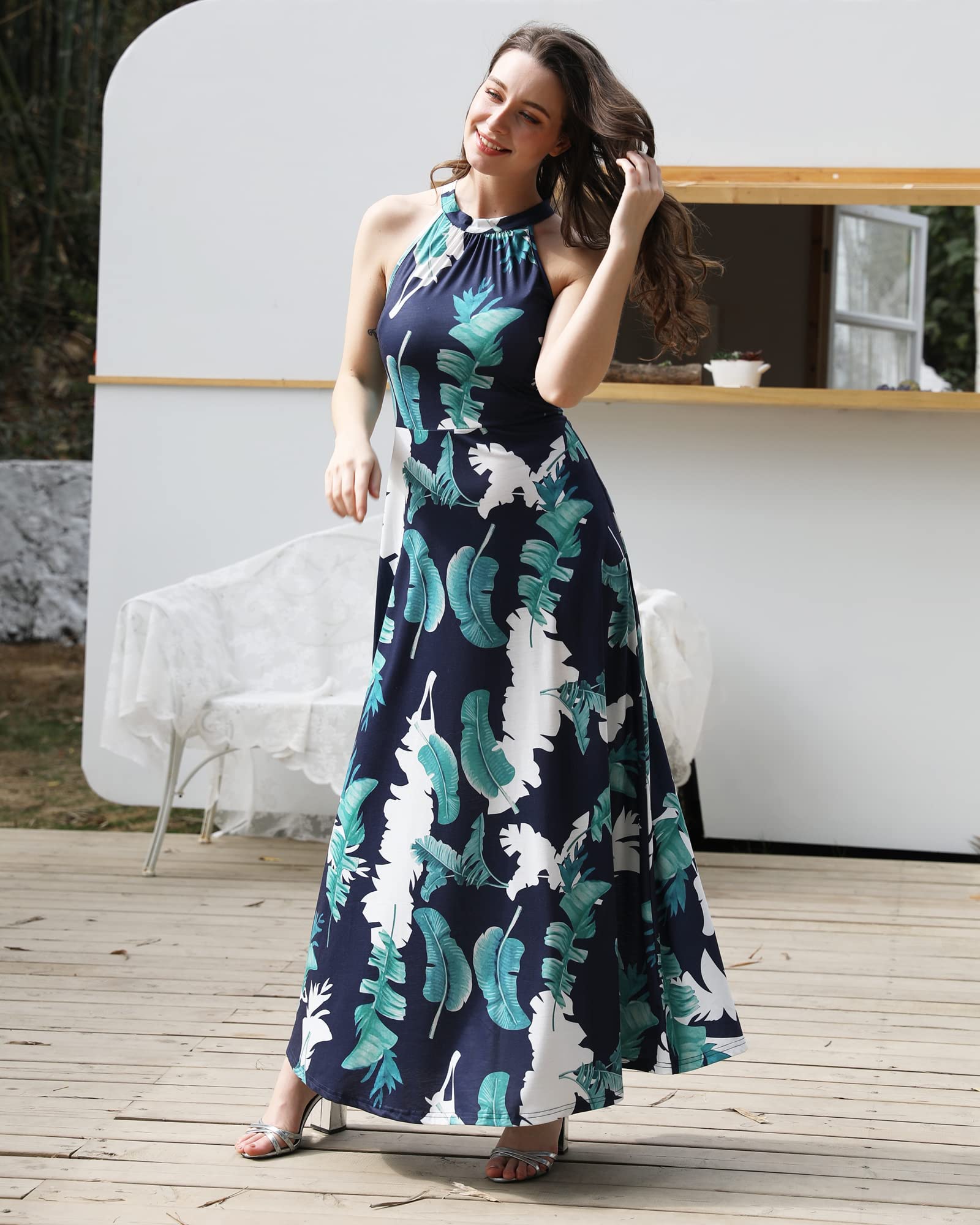 STYLEWORD Women's Summer 2025 Floral Maxi Dress - Halter Neck Sexy Formal Gown for Wedding Guest, Beach Party & Special Occasions
