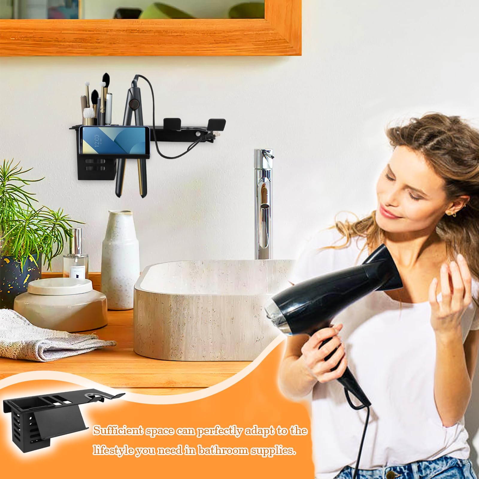 Wall Mounted Blow Dryer Holder & Hair Tool Organizer - Black with Comb | Space-Saving Bathroom Accessory for Hair Dryer, Straightener & Styling Tools | Perfect for Small Bathrooms, Salons & Vanity Organization