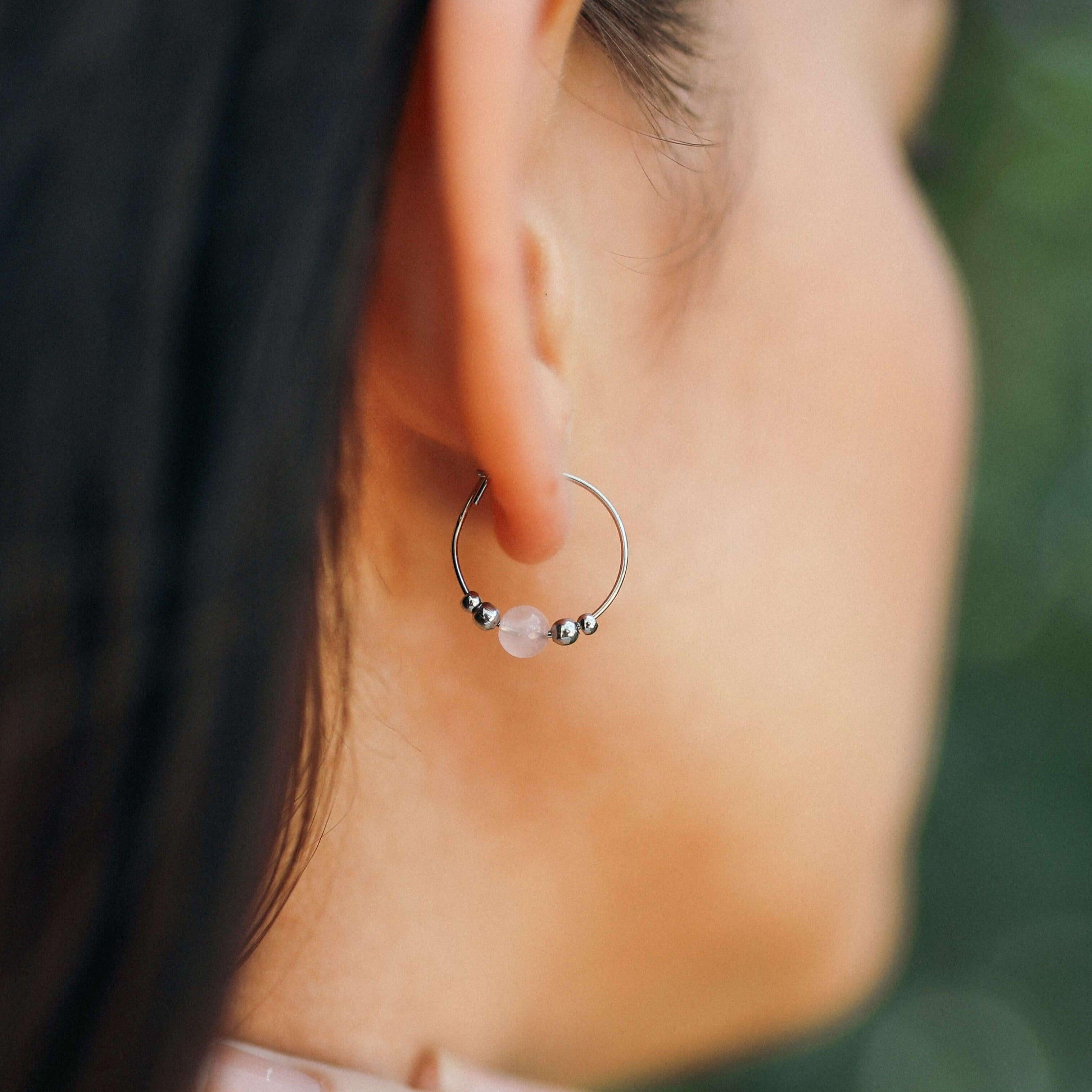 Rose Quartz Hoop Earrings for Women - Dainty Tiny Beaded Boho Jewelry - Perfect for Everyday Wear, Gifts & Spiritual Healing