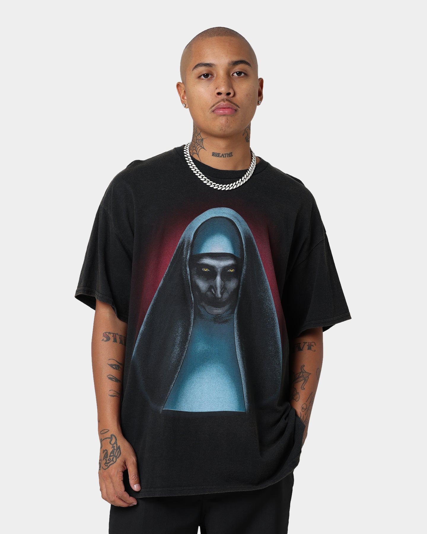 Vintage The Nun Horror Movie T-Shirt - Black Washed Distressed Style - Perfect for Halloween, Cosplay, and Horror Fans