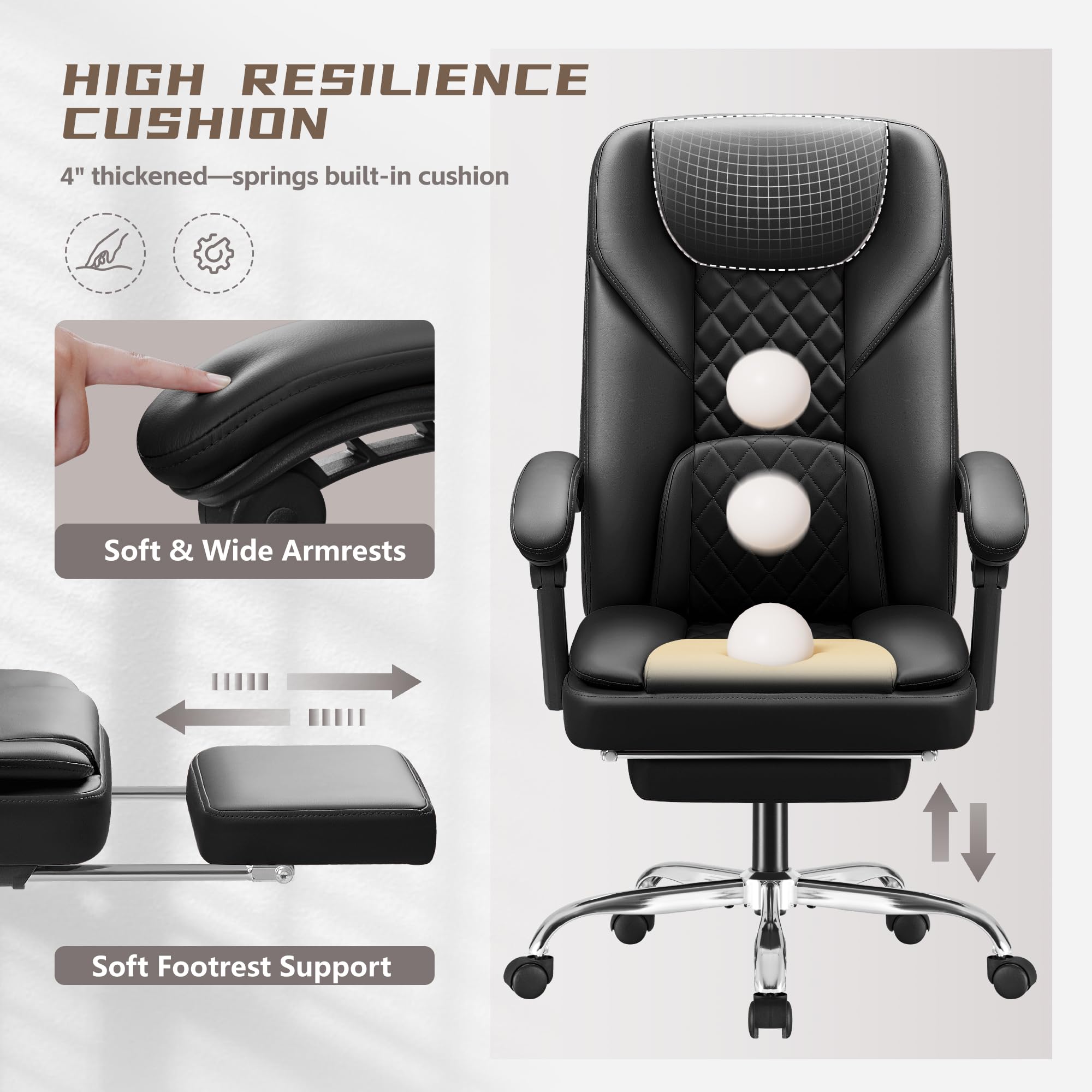 Furmax Ergonomic High Back Office Chair with Footrest - 400lbs Weight Capacity, 90-155° Reclining Leather Executive Desk Chair, Swivel Task Chair with Wheels (Black) - Perfect for Home Office, Gaming & Computer Workstations