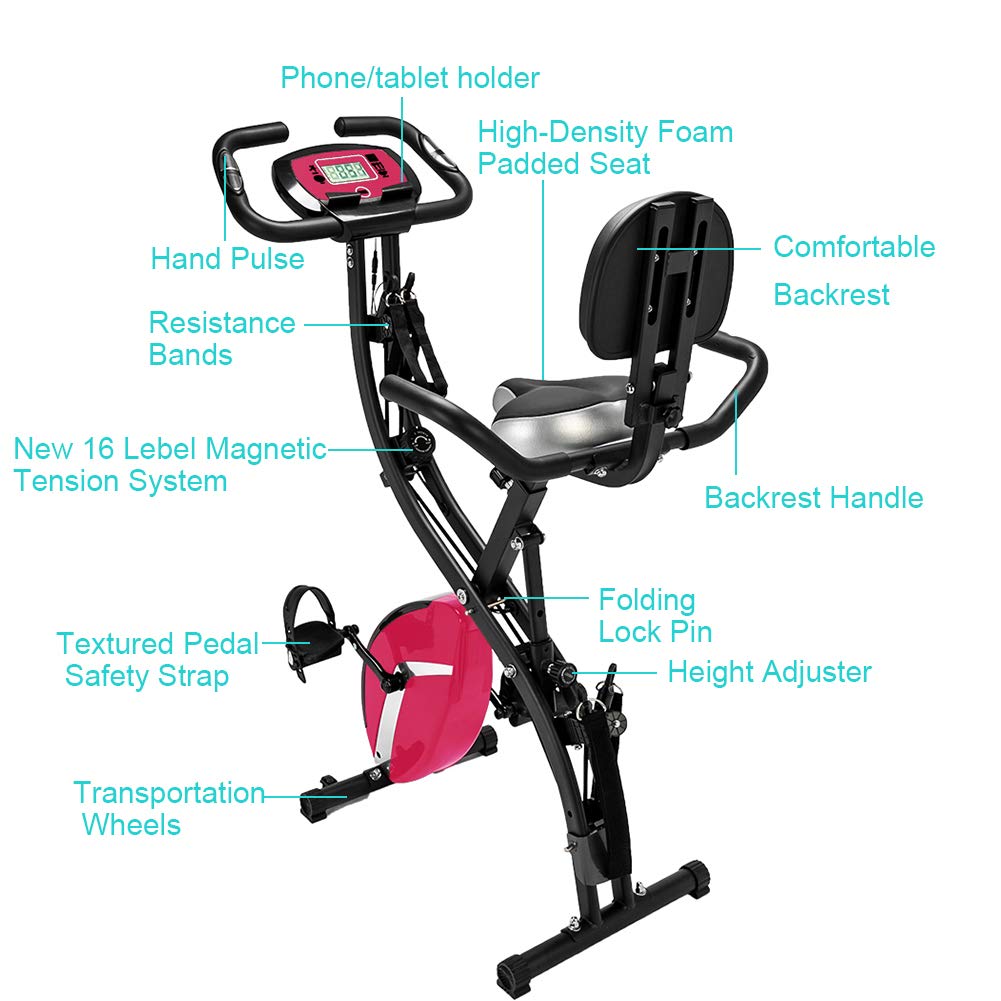 3 in 1 Magnetic Foldable Upright Exercise Bike with LCD Display & Pulse Sensor - Adjustable Recumbent & Stationary Bike with Large Backrest, Comfy Seat & Handles - Perfect for Home Gym, Cardio Workout & Physical Therapy (Pink)