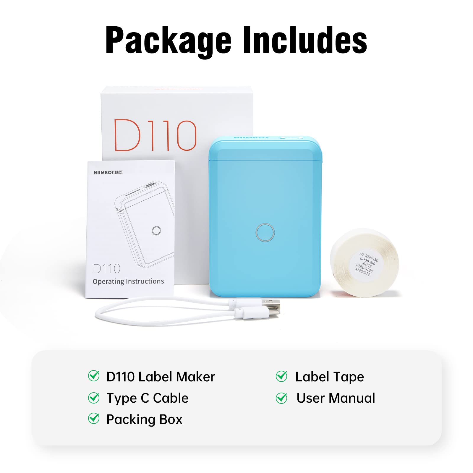Bluetooth Thermal Label Printer D110 - Portable Inkless Label Maker with Rechargeable Battery, Multiple Templates for Home & Office Use, iOS Android Compatible - Perfect for Shipping Labels, Organizing & Small Business Inventory Management (Blue)