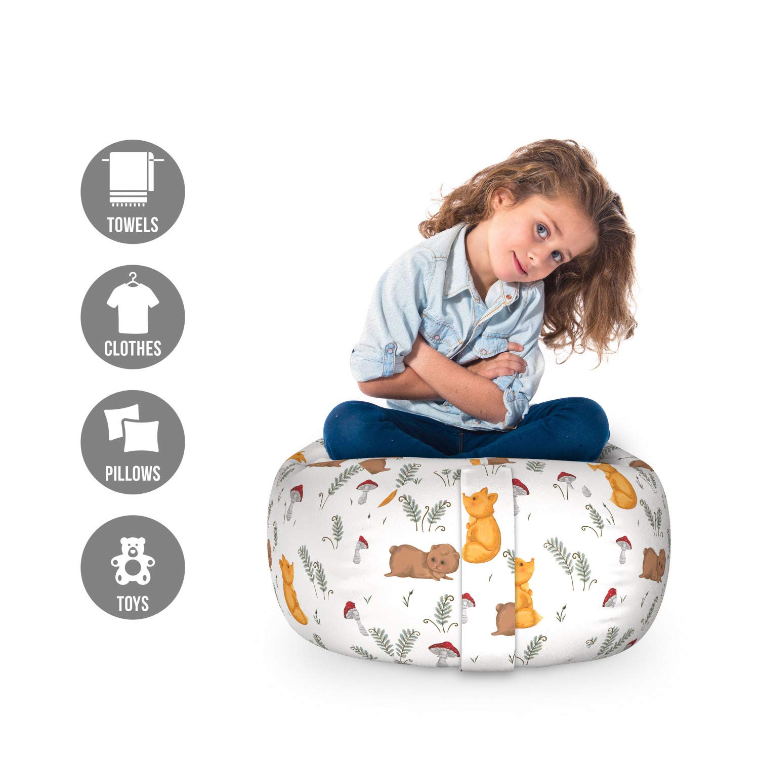 Ambesonne Cartoon Toy Storage Bag Chair - Fox Teddy Bear Mushroom Fern Pattern, Washable Stuffed Animal Organizer for Kids Room, Small Multicolor - Perfect for Nursery, Playroom & Bedroom Organization