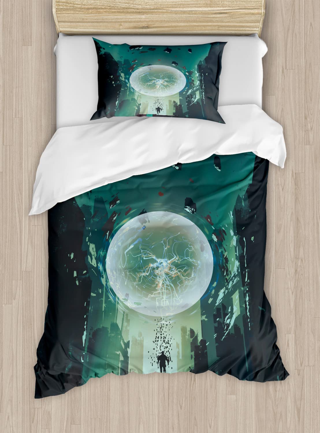 Ambesonne Fantasy Duvet Cover Set - Dark Magic Comic Art Design with Ball & Human Merging Building - 2 Pack California King Size Bedding Set (2 Duvet Covers + 4 Pillowcases) in Teal & Black - Perfect for Gothic Bedroom Decor, Anime Lover's Room, or Unique Fantasy Themed Home