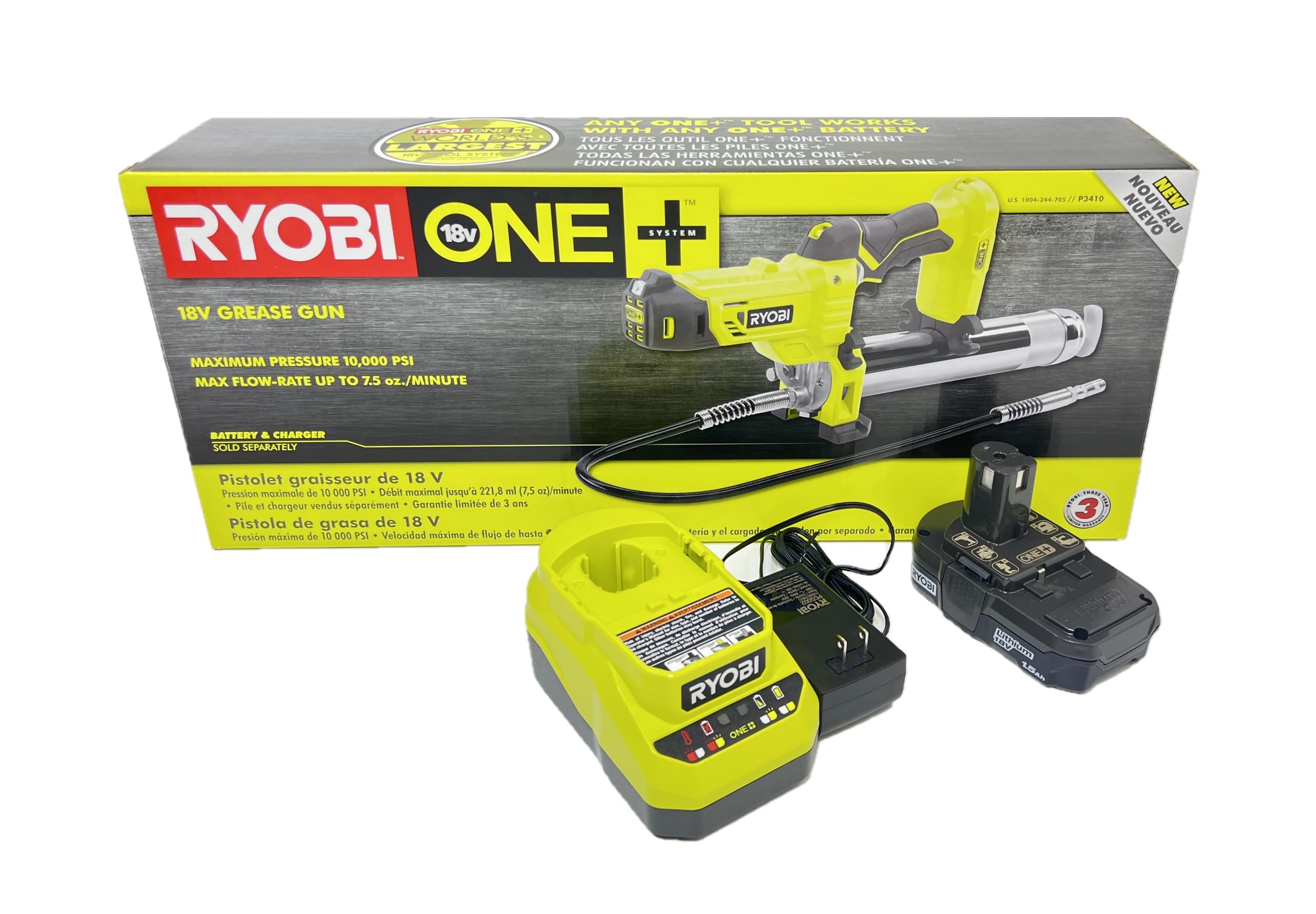 Ryobi P3410-P163 18V ONE+ Cordless Grease Gun Kit with 2.0Ah Lithium-Ion Battery & Dual Chemistry Charger - Perfect for Automotive, Farm Equipment & Industrial Machinery Maintenance