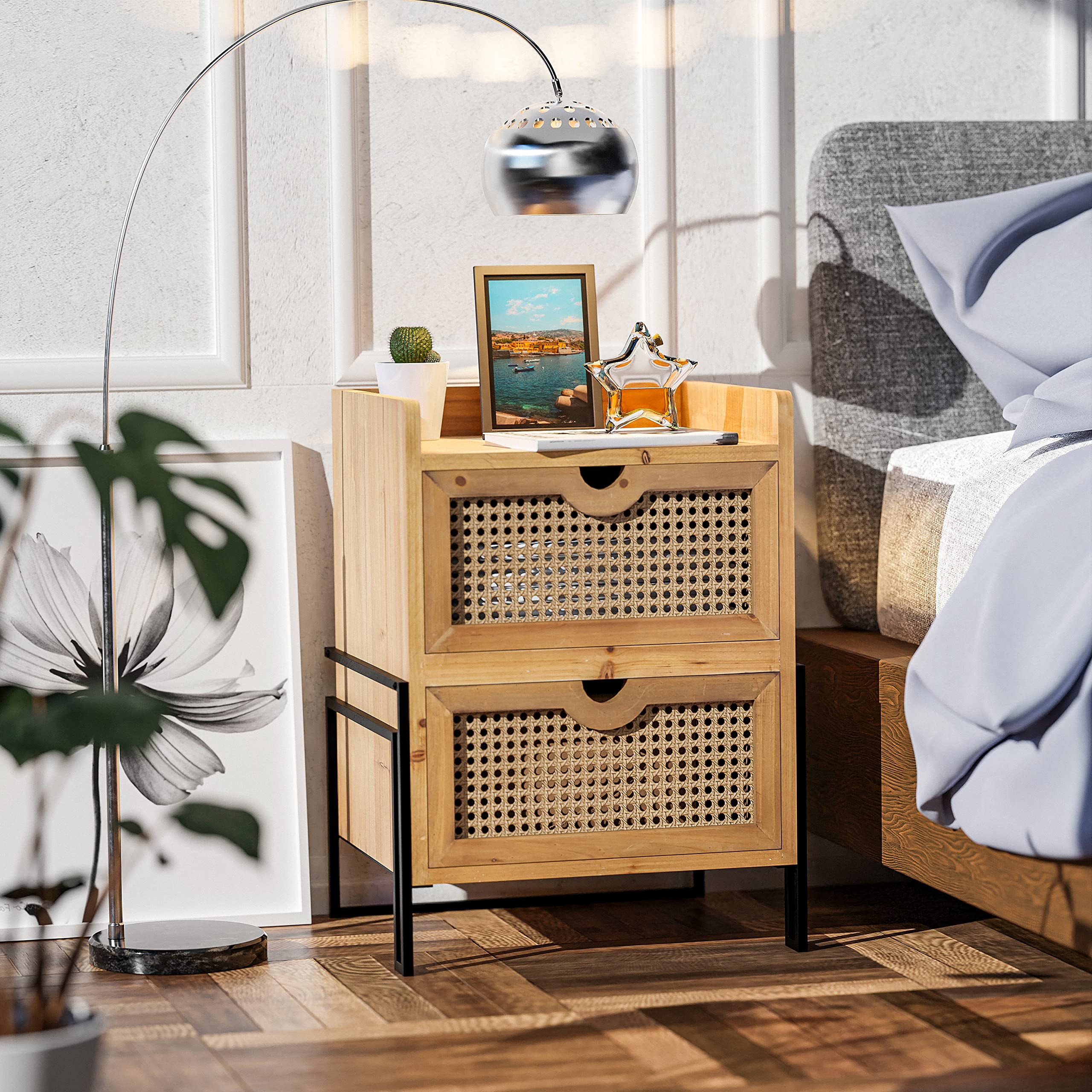 COZAYH Rustic Farmhouse Rattan Nightstand - Fully Assembled Woven Front Accent End Table with 2 Drawers, Solid Wood Brown - Perfect for Bedroom, Living Room & Apartment Decor | Farmhouse Style Nightstand for Cozy Home & Guest Room
