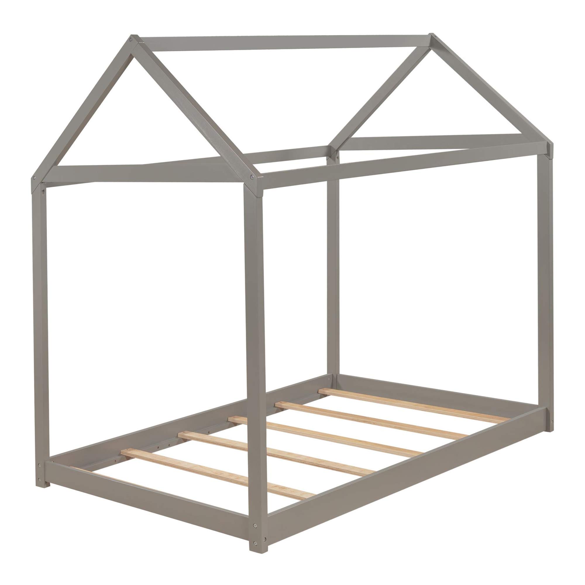 **MERITLINE Twin Size Kids House Bed Frame with Roof - Sturdy Wooden Loft Bed for Children, No Box Spring Needed (Grey) - Perfect for Playrooms, Bedrooms & Montessori Spaces**