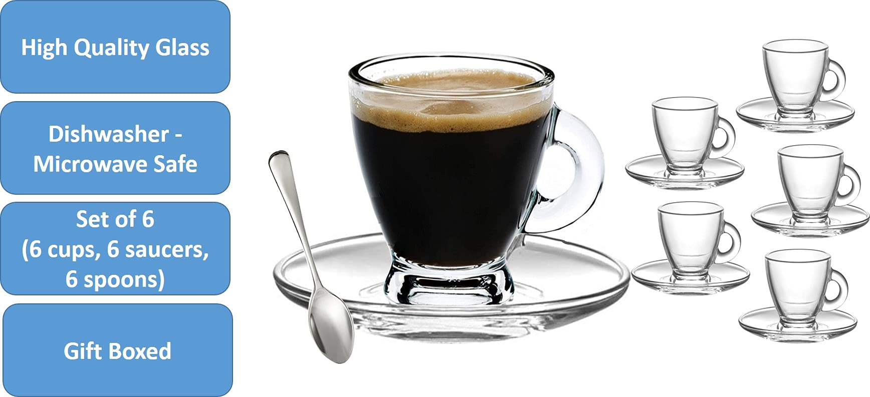 Premium Clear Glass Espresso Cups Set - 3.2 oz Demitasse with Saucers & Stainless Steel Spoons (6-Piece) - Perfect for Italian Coffee, After-Dinner Drinks & Elegant Entertaining