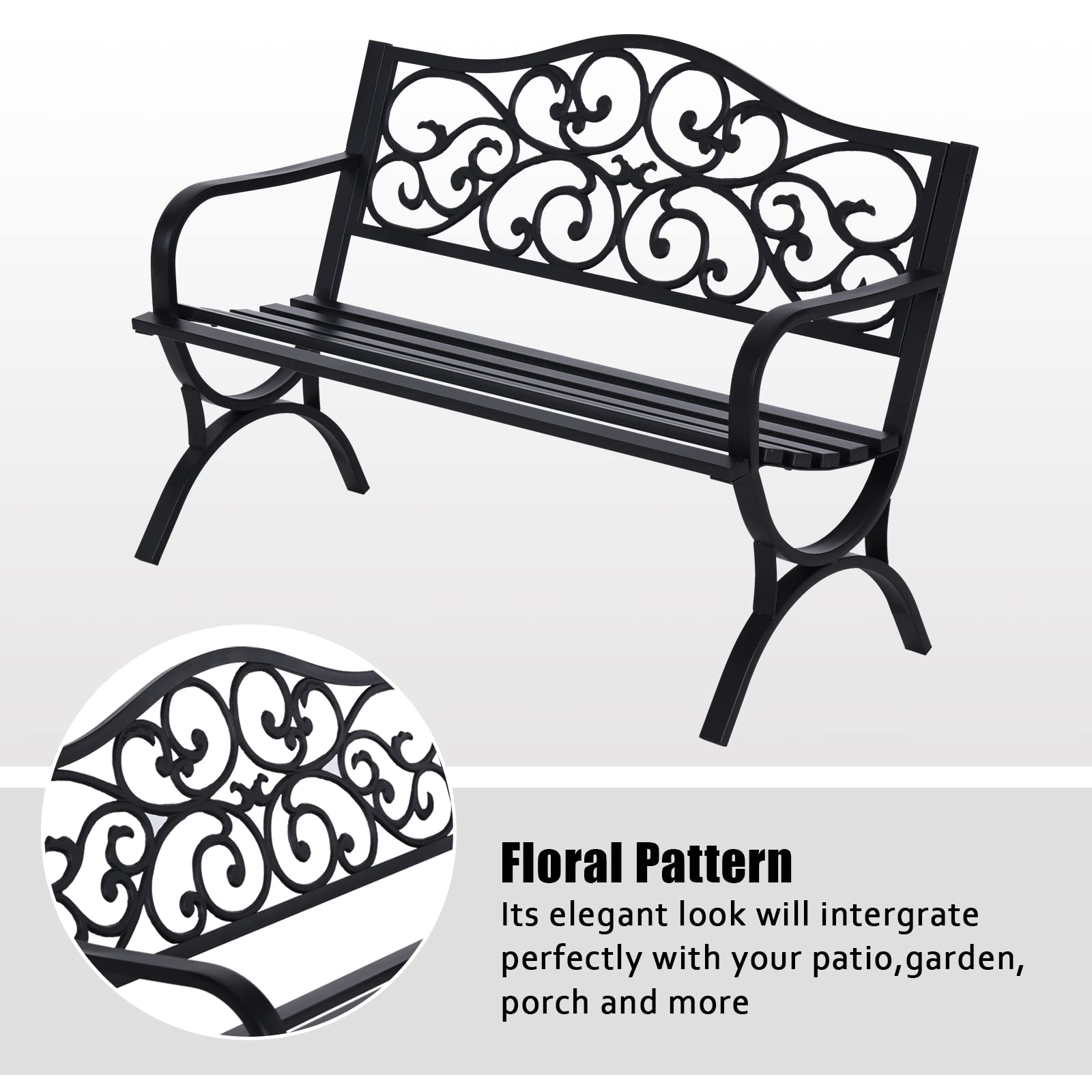 MFSTUDIO 50 Inch Outdoor Garden Bench - Heavy Duty Cast Iron Metal Patio Bench with Floral Pattern Backrest & Arch Legs - Perfect for Porch, Lawn, Garden, Yard, Park (Black) | Durable Outdoor Seating for Relaxing in Your Backyard or Public Spaces
