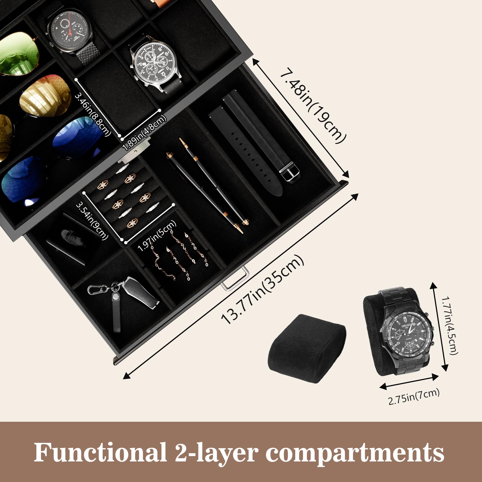 ProCase Wooden Jewelry Box for Men - 2-Tier Watch Holder & Sunglasses Organizer with Clear Glass Top & Storage Drawer - Perfect for Dresser Top Display & Travel Accessory Storage (Black)