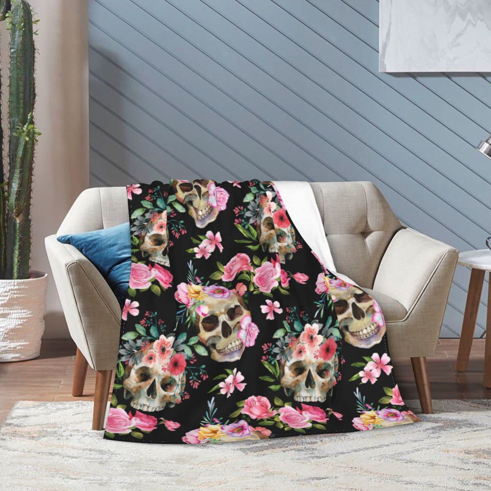 Goth Floral Skull Blanket - Ultra Soft Plush Lightweight Flannel Throw for All Seasons - 60