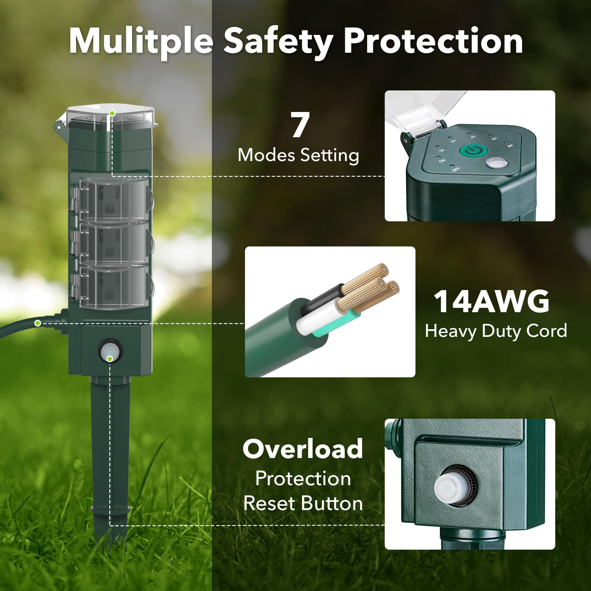 HBN Outdoor Power Strip with Photocell Sensor - 6 Outlet Weatherproof Extension Cord with Dusk to Dawn Timer & Yard Stake Countdown (2/4/6/8 Hours) - Perfect for Outdoor Lights, Christmas Decorations, Patio & Garden Use