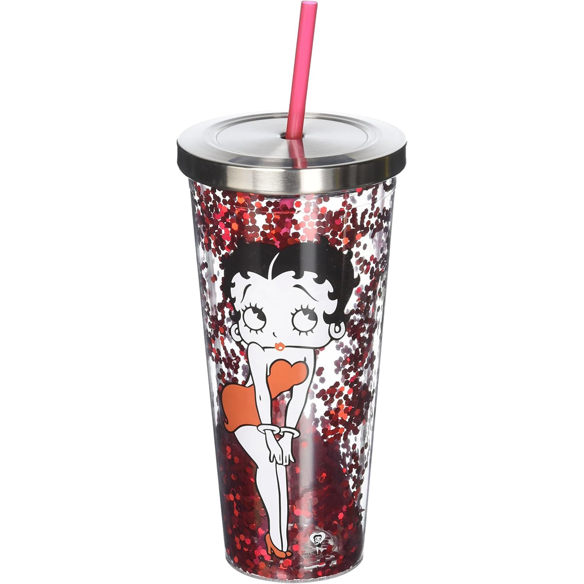 Betty Boop Glitter Filled Acrylic Tumbler 20oz - Stainless Steel Locking Lid with Straw - Double Wall Insulated BPA-Free Cup - Perfect for Home, Office & Travel