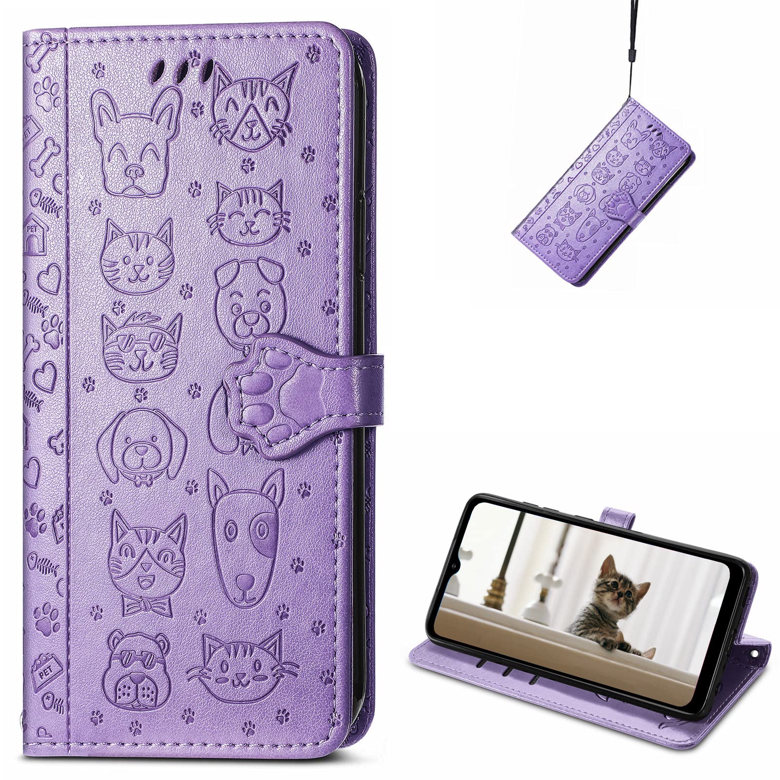 Cute Cartoon Wallet Case for Samsung Galaxy S22 Ultra - Cat & Dog Style Flip Cover with ID Card Holder, PU Leather Phone Case (MG Purple) | Perfect for Daily Use, Travel, and Hands-Free Convenience