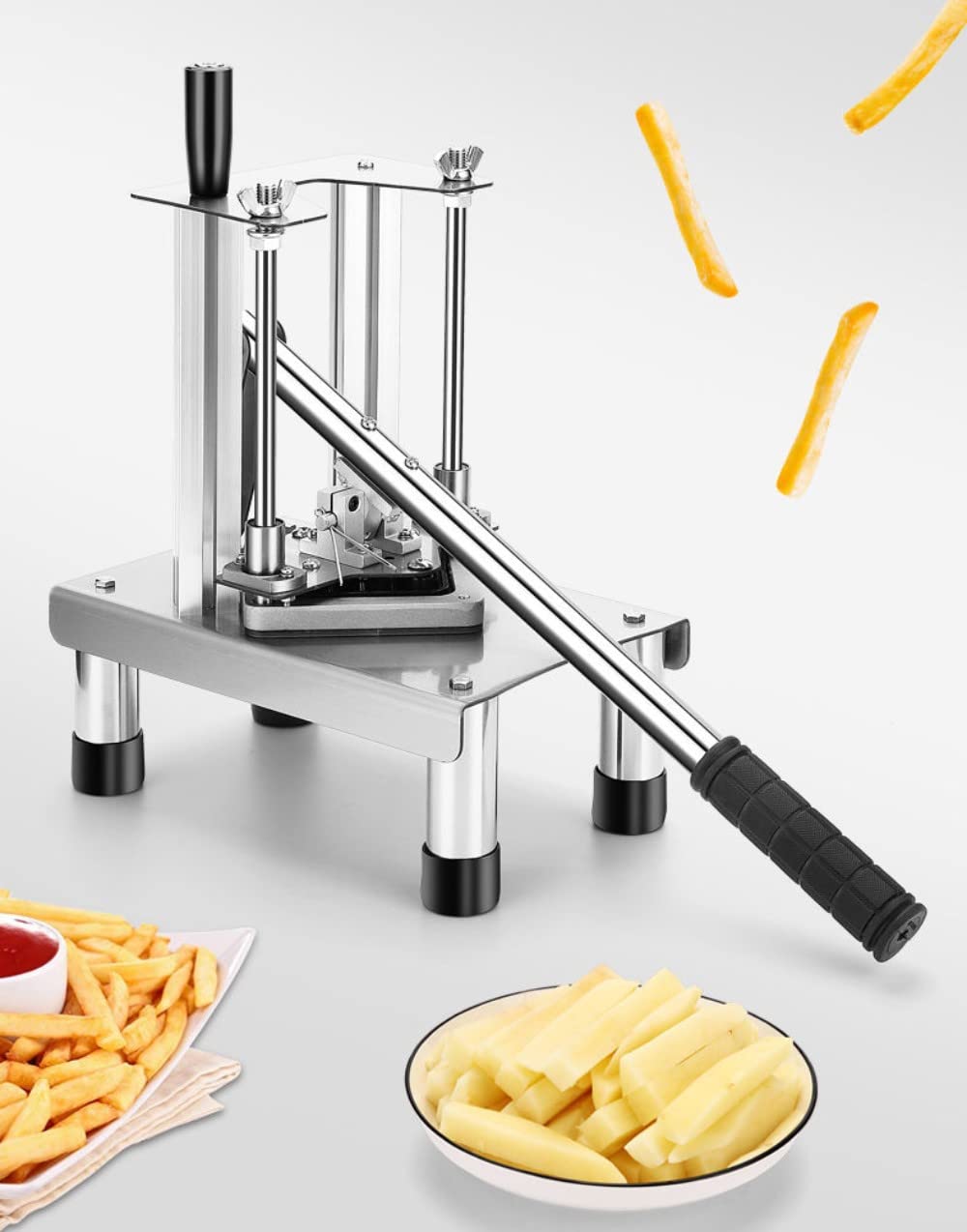 Commercial Stainless Steel French Fry Cutter - Heavy Duty Manual Potato Slicer with 3 Blades for Home & Restaurant Use | Perfect for Making Crispy Fries, Hash Browns & Veggie Chips