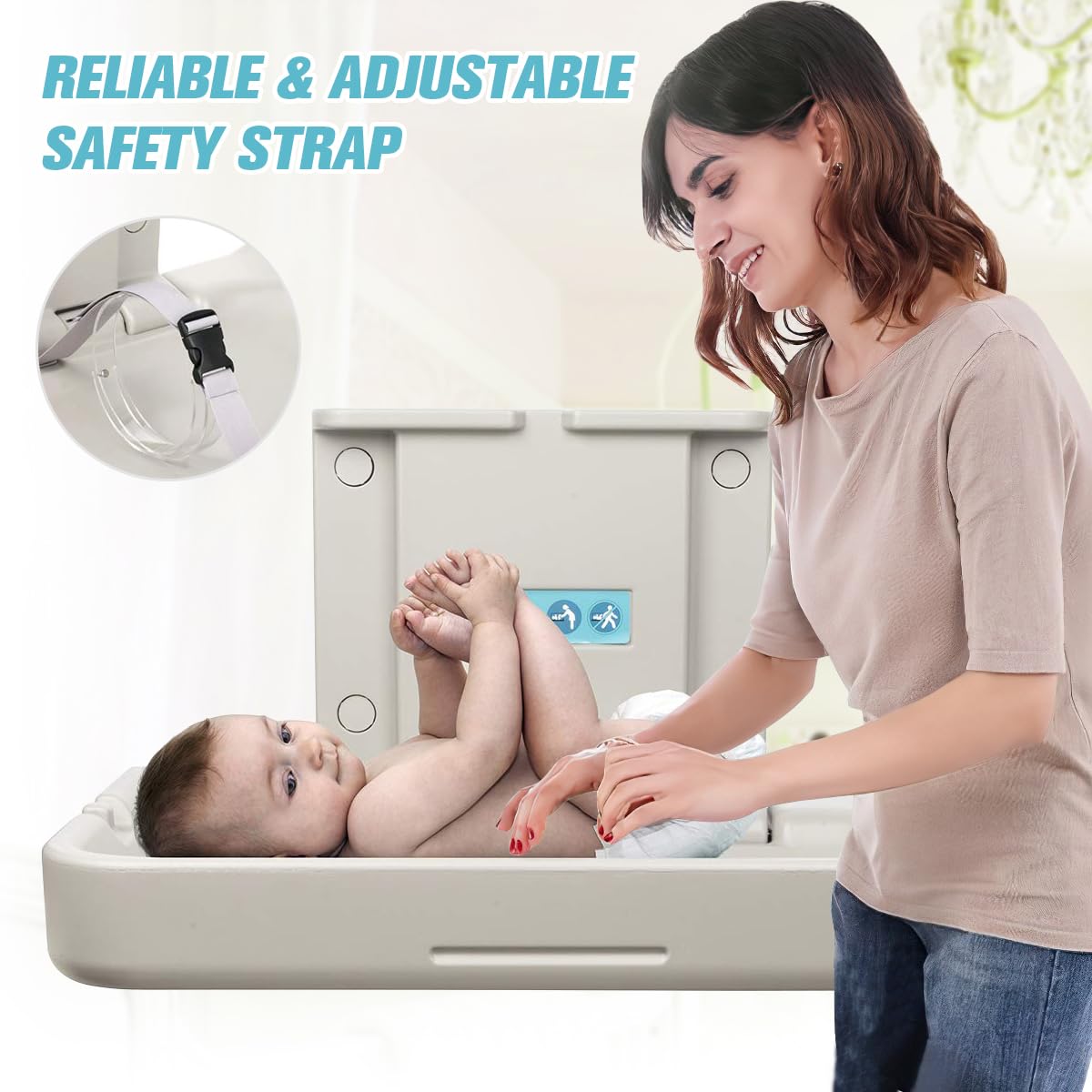 Wall Mounted Fold Down Baby Changing Station with Safety Straps - White Granite Commercial Changing Table for Restrooms, Daycares & Public Spaces | Durable & Space-Saving Diaper Changing Solution