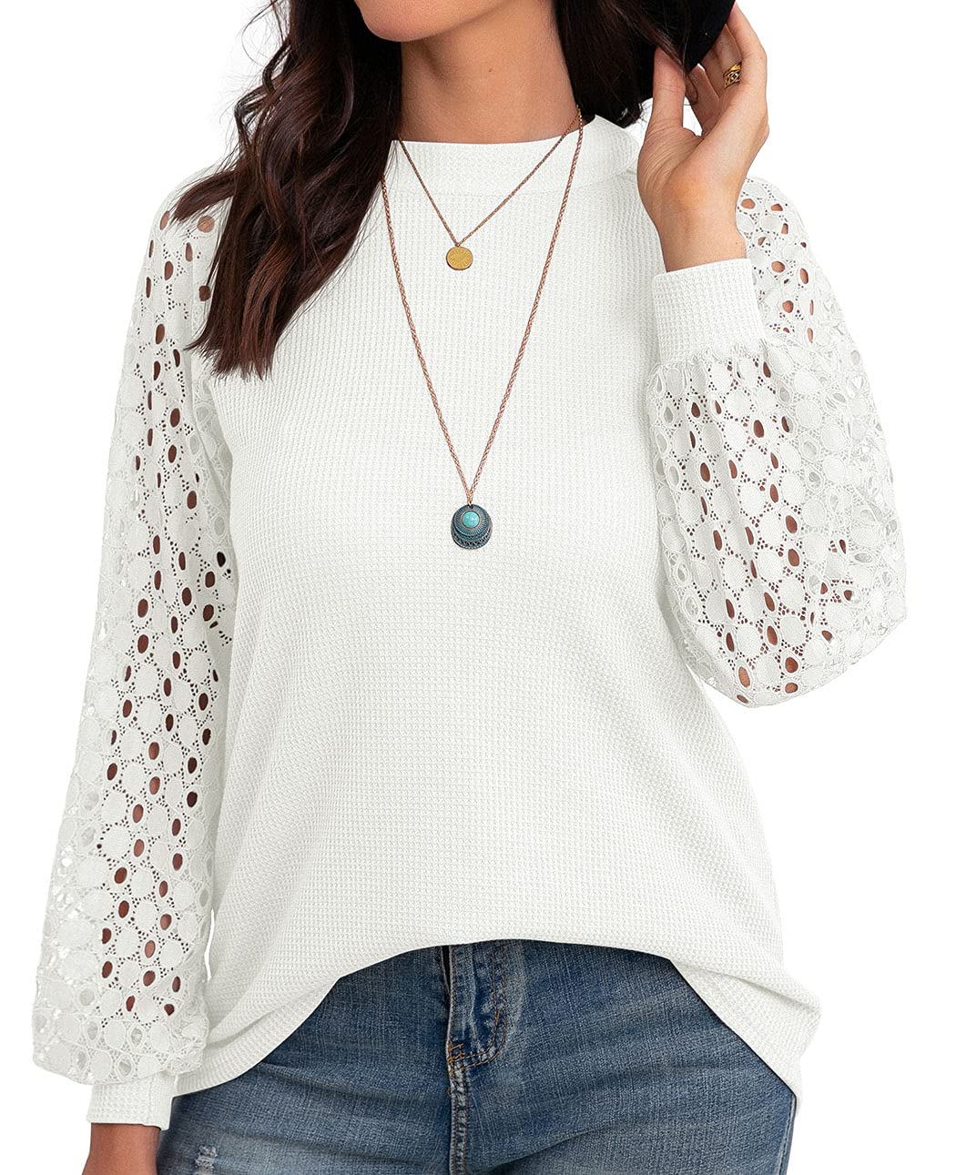 IWOLLENCE Women's Waffle Knit Blouse - Puff Long & Short Sleeve Lace Tops | Casual Loose Fit T-Shirts for Women | Perfect for Office, Date Night & Weekend Outings