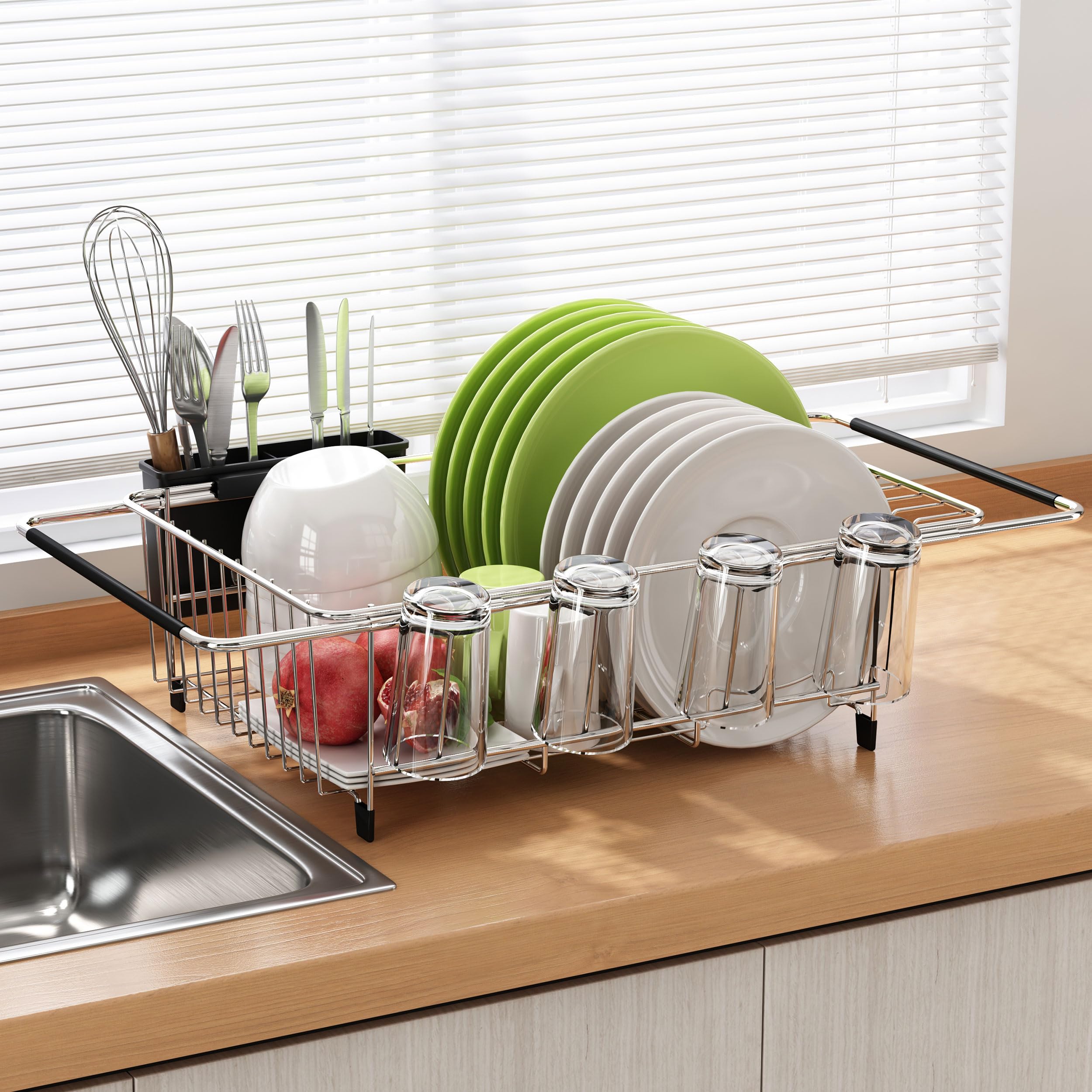 Expandable Stainless Steel Sink Dish Drying Rack with Utensil Holder - Space Saving Kitchen Counter Drainer for Plates, Cups & Silverware - Perfect for Small Kitchens & Apartment Living