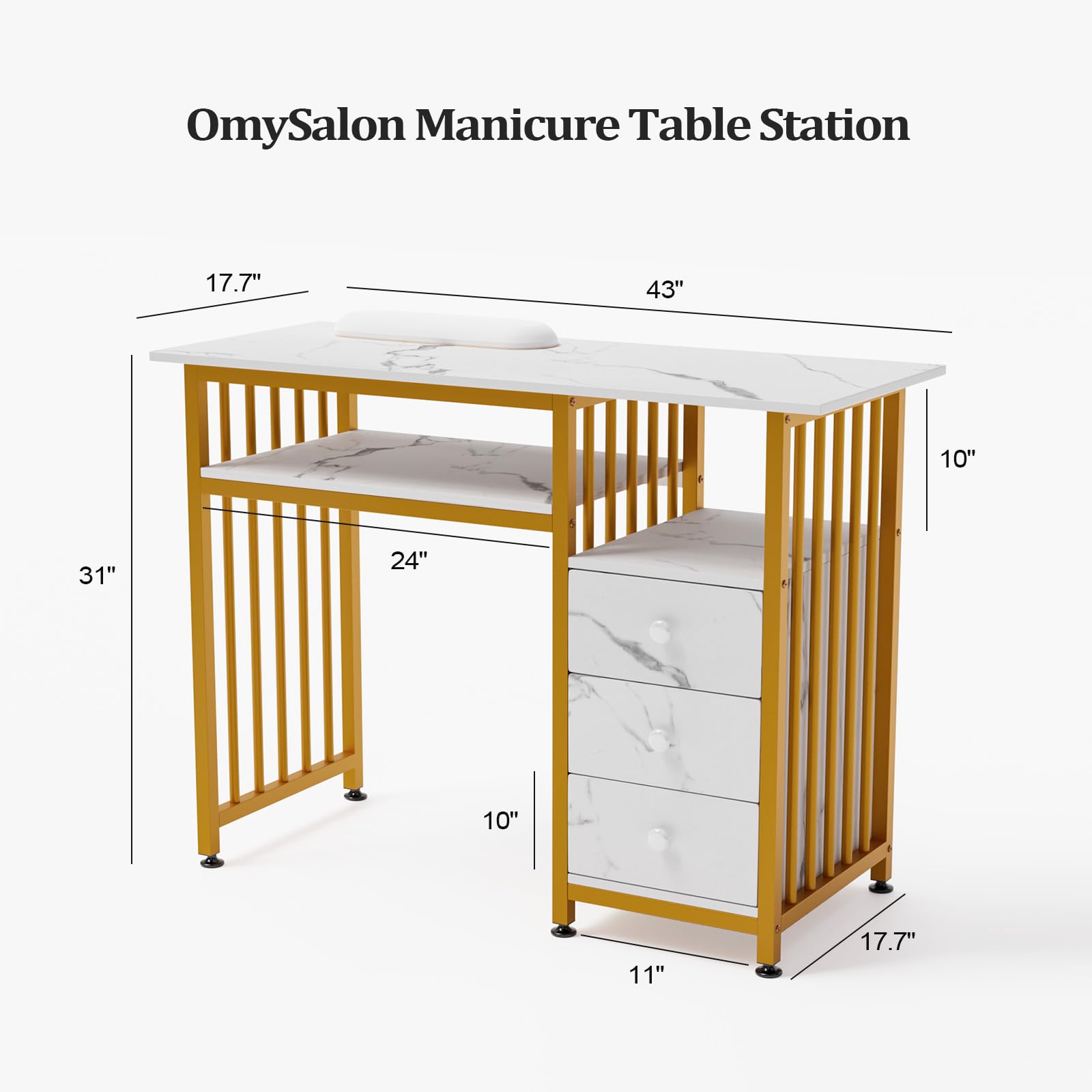 OmySalon Professional Manicure Table & Nail Tech Desk with Marble Texture - Perfect for Nail Salons, Home Studios & Beauty Professionals