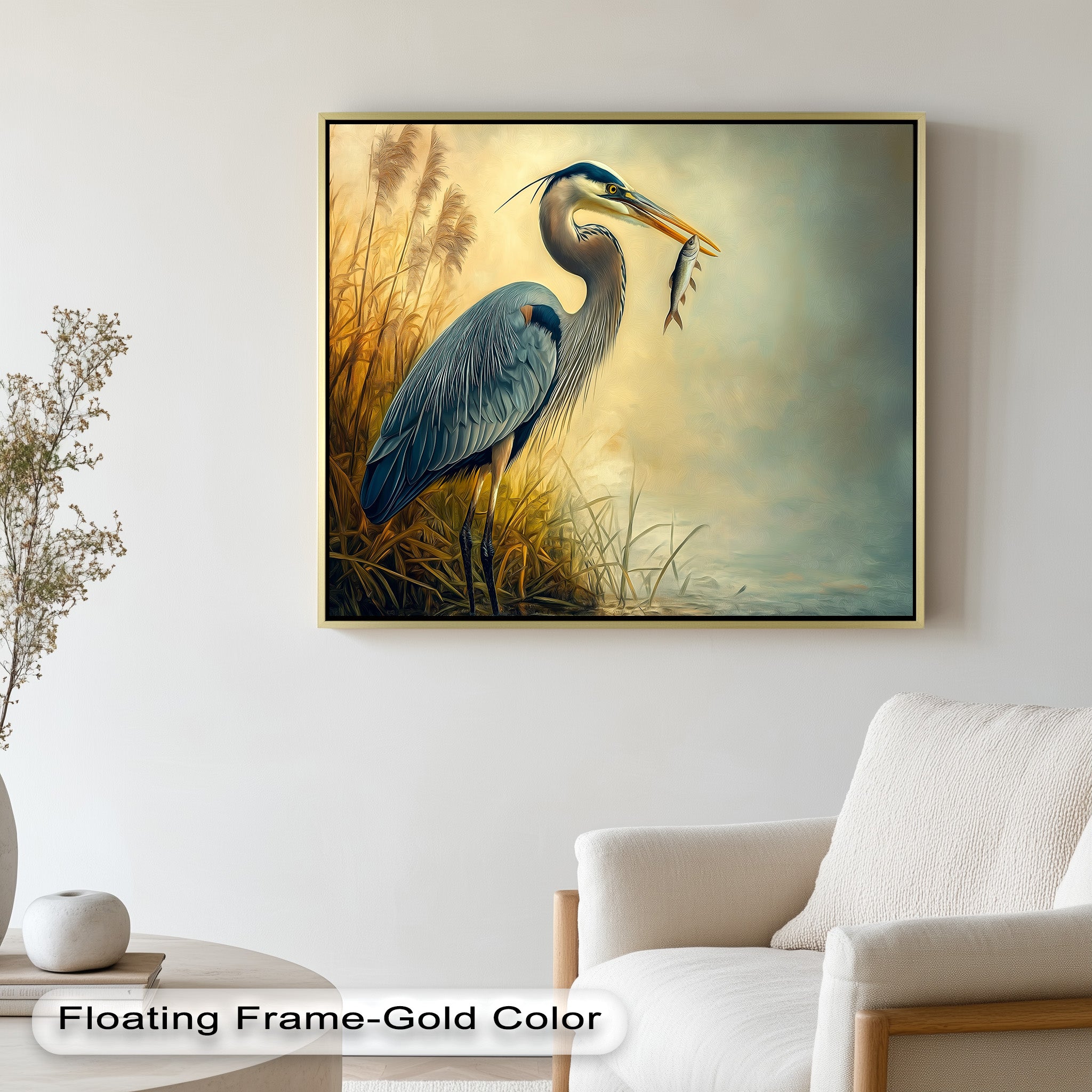 Blue Heron with Fish Oil Painting - Handmade Wildlife Artwork for Home & Office Decor | Perfect for Living Room, Bedroom, or Office Wall Art