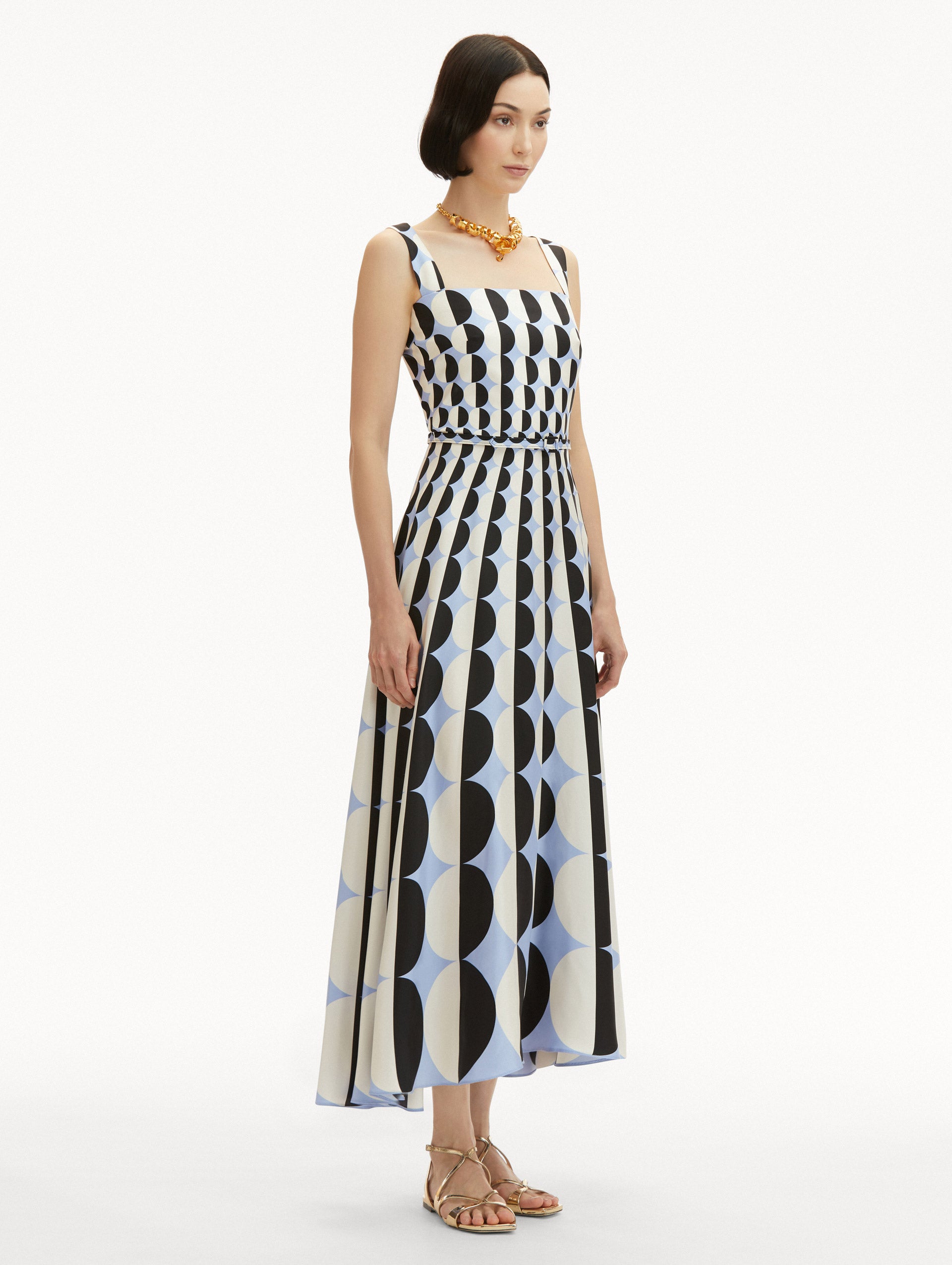 Geometric Circle Silk Twill Sleeveless Dress for Women - Elegant Summer Cocktail Party & Wedding Guest Outfit