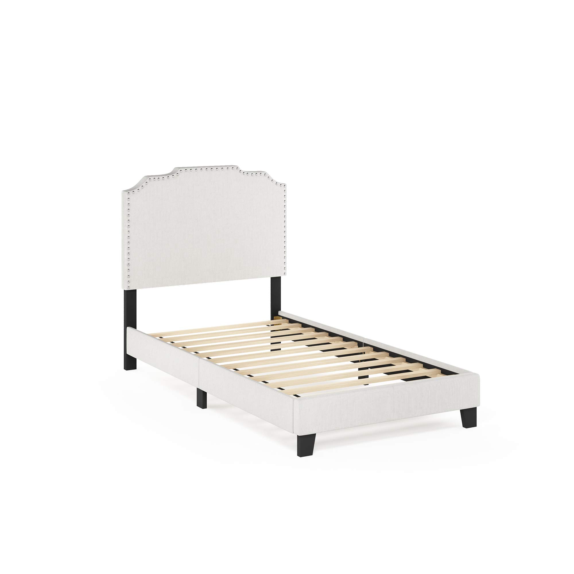 Furinno Nadia Nailhead Trim Twin Bed Frame in Gray - Modern Upholstered Platform Bed for Small Spaces, Guest Rooms & Dormitories