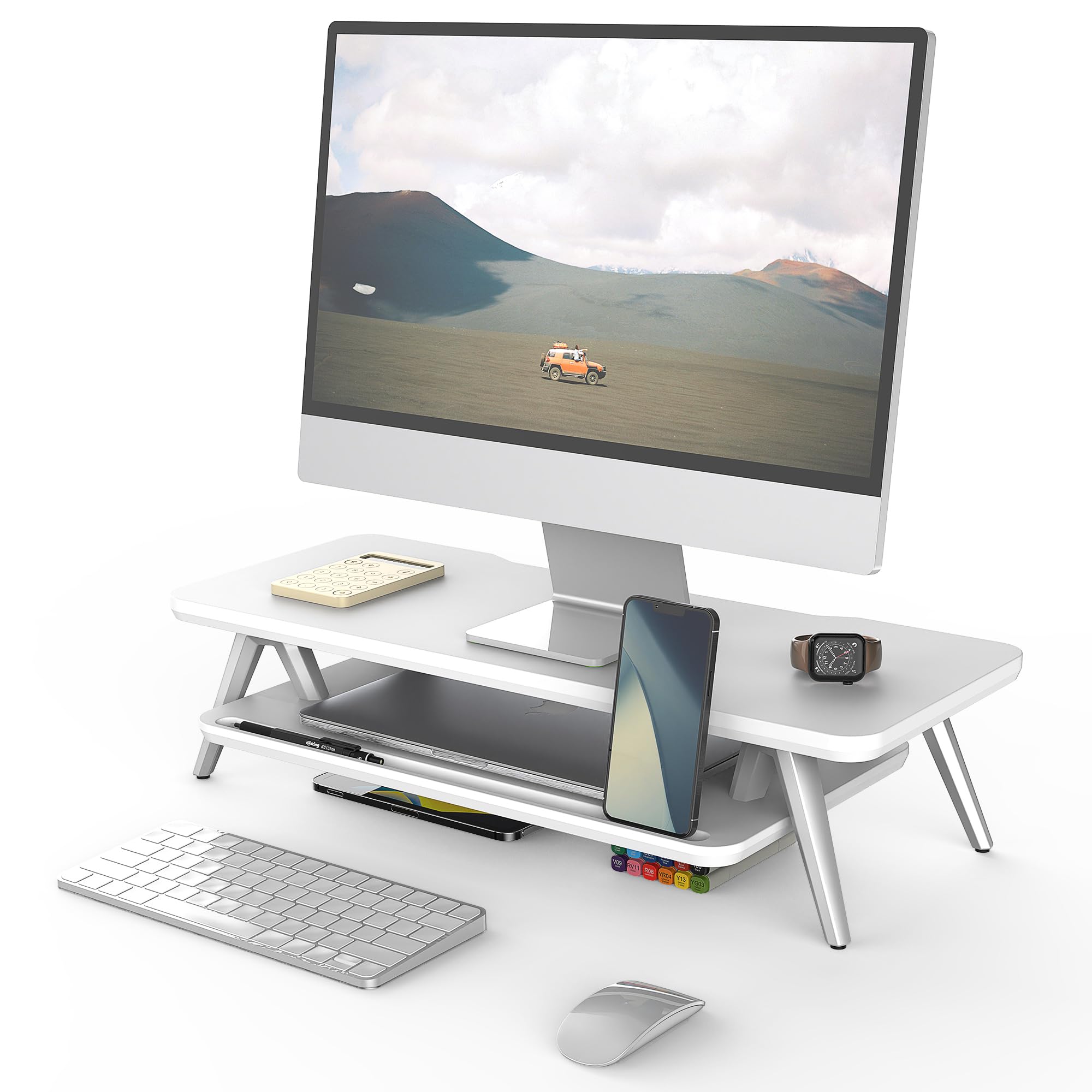 23.6 Inch Wood Monitor Stand with Storage Organizer & Cable Management - Ergonomic Desk Riser Shelf for Computer Monitors, Laptops - Perfect Office Desk Accessory for Home & Workspace Organization