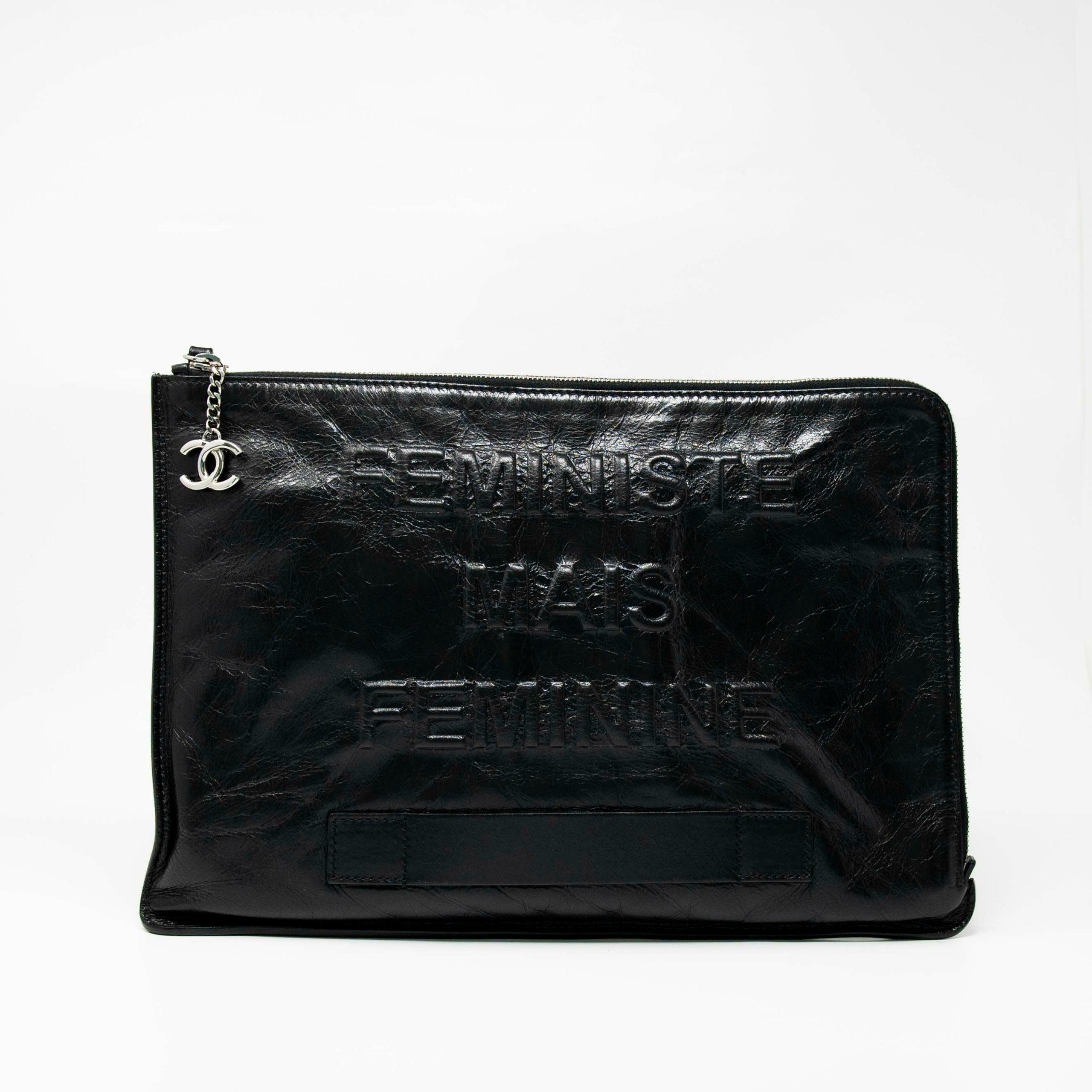 Chanel Black Feministe Mais Feminine Clutch Bag - Luxury Designer Evening Clutch for Women, Perfect for Parties, Weddings & Special Occasions