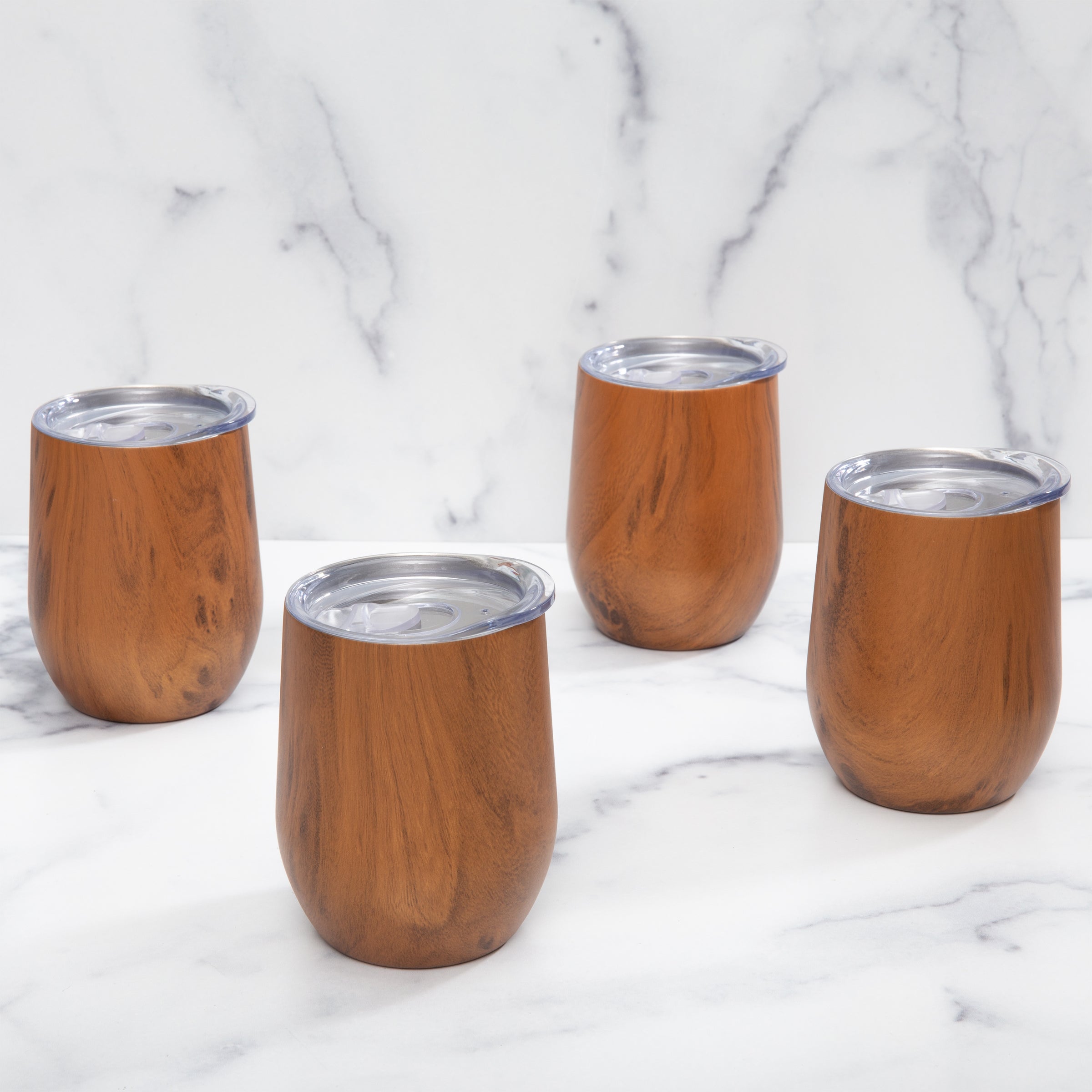 Premium Insulated Woodgrain Wine Tumblers Set of 4 - Double-Wall Stainless Steel Stemless Glasses for Chilled White Wine, Cocktails & Outdoor Parties